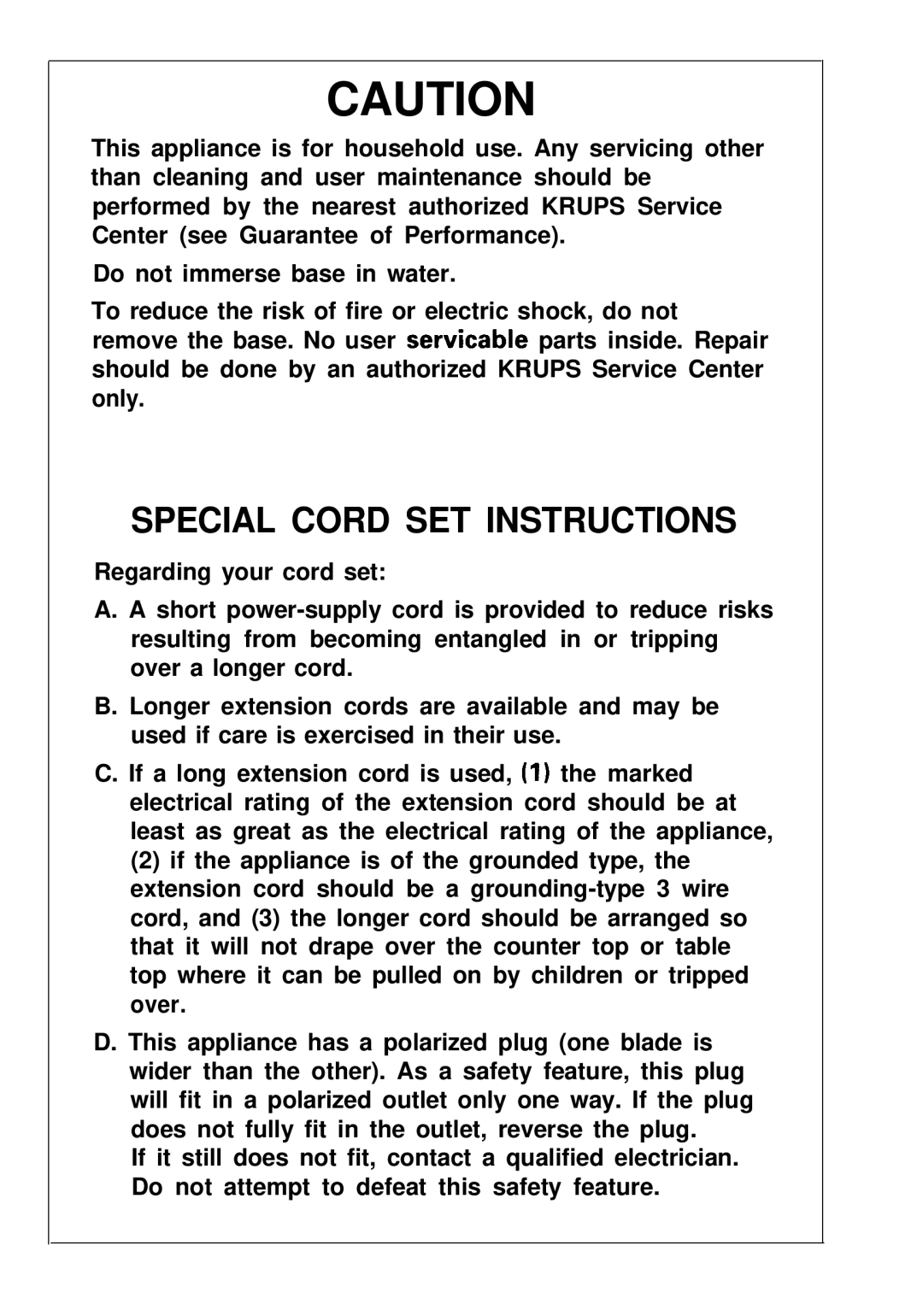 Krups Espresso Vivo warranty Special Cord SET Instructions 