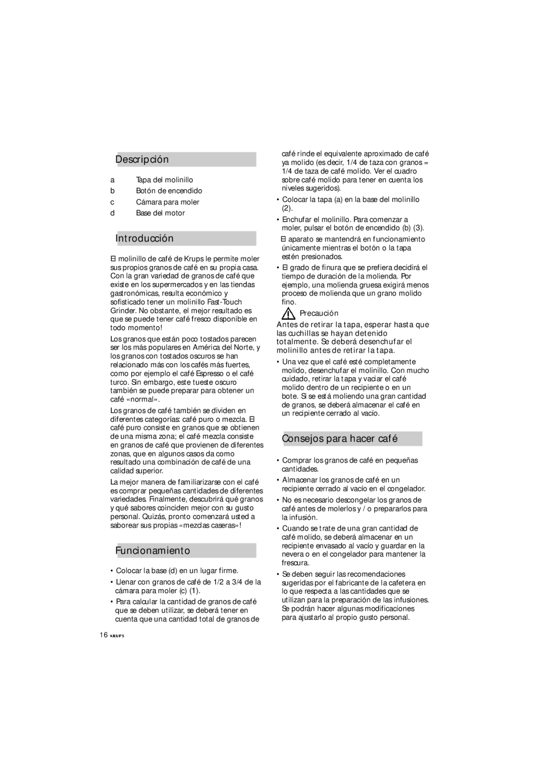 Krups F 203 manual Descripción, Introducción, Funcionamiento, Consejos para hacer café 