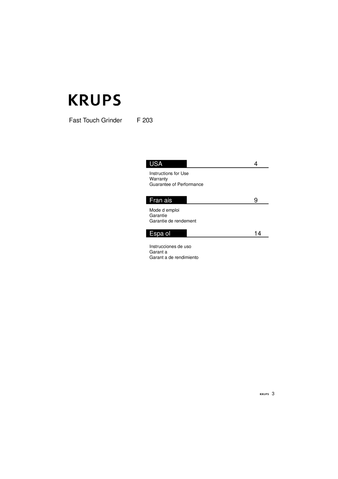 Krups F 203 manual Usa 