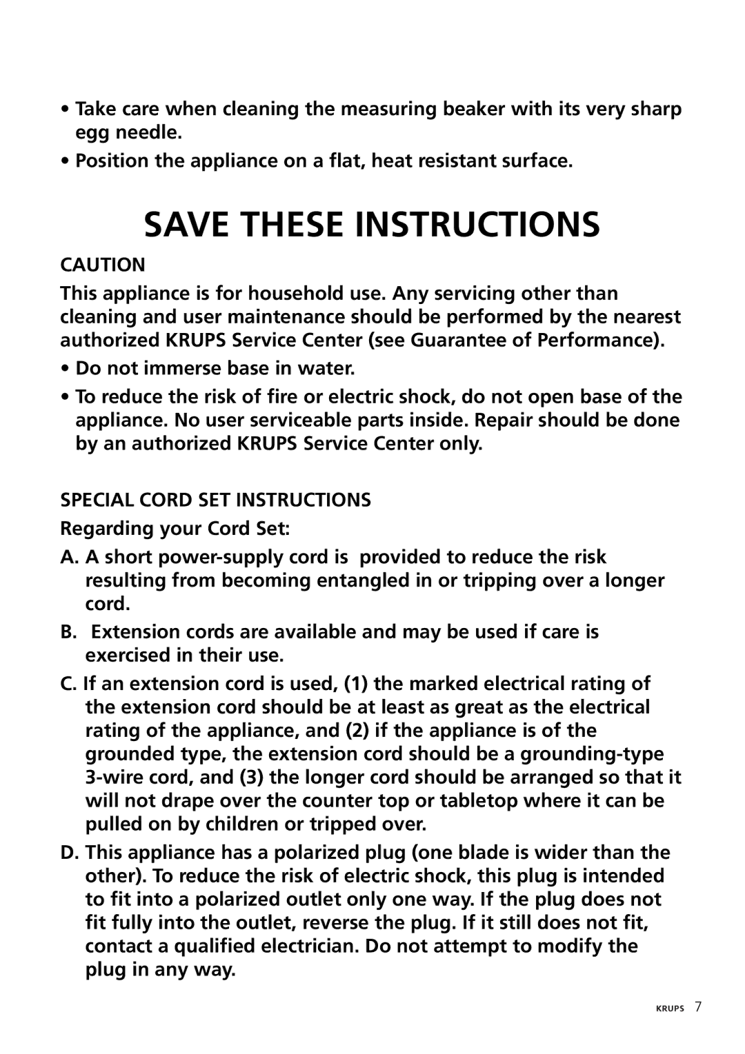 Krups F230 manual Special Cord SET Instructions Regarding your Cord Set 