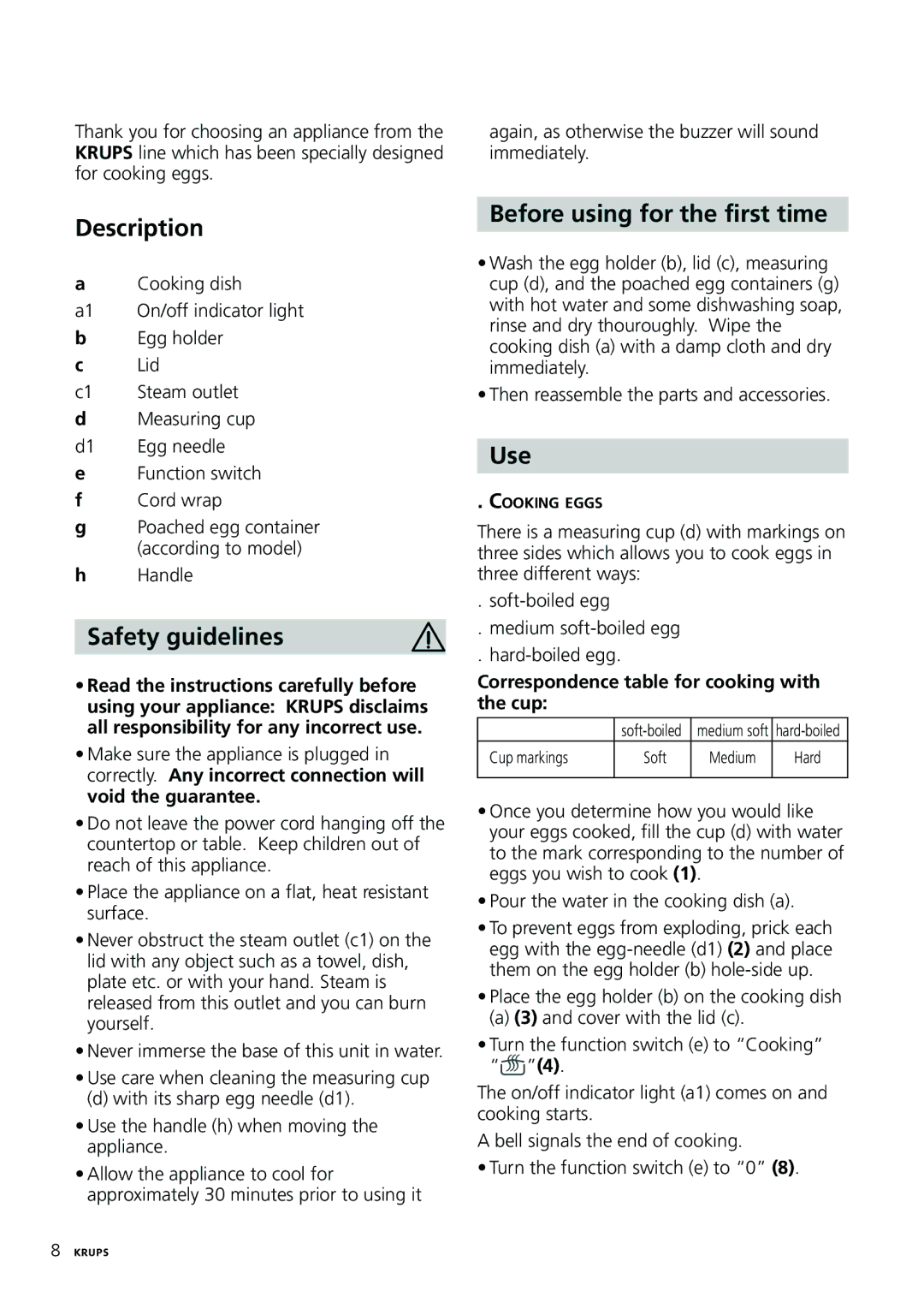 Krups F230 manual Description, Safety guidelines, Before using for the first time, Use 