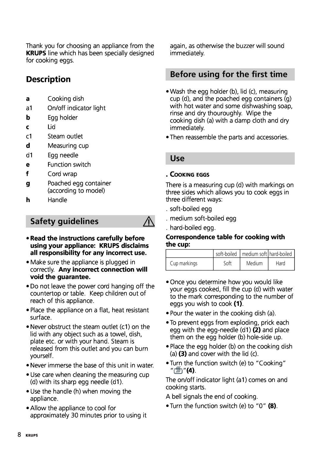 Krups F230 Description, Safety guidelines, Before using for the first time, Correspondence table for cooking with the cup 
