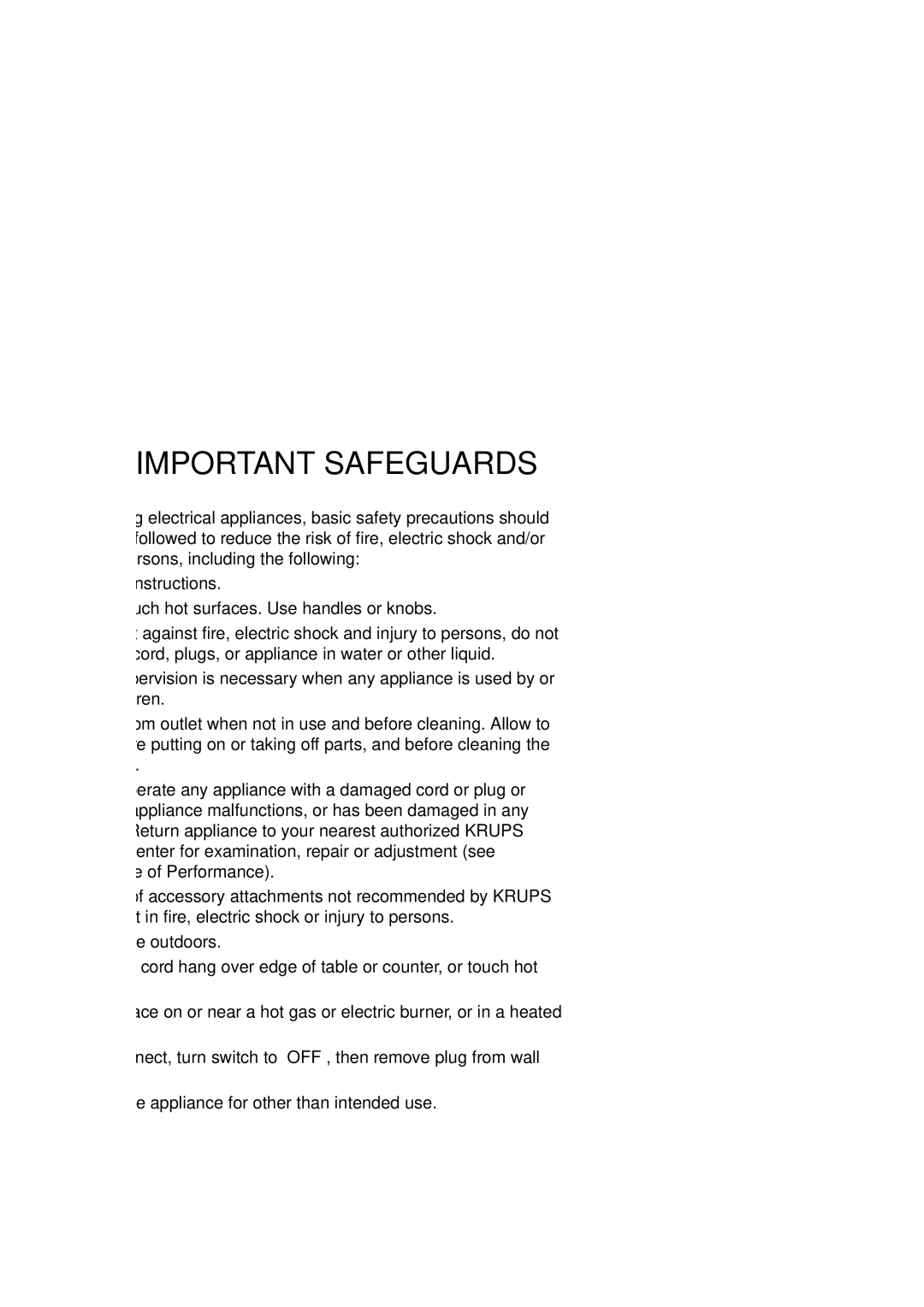 Krups FNP1 manual Important Safeguards 