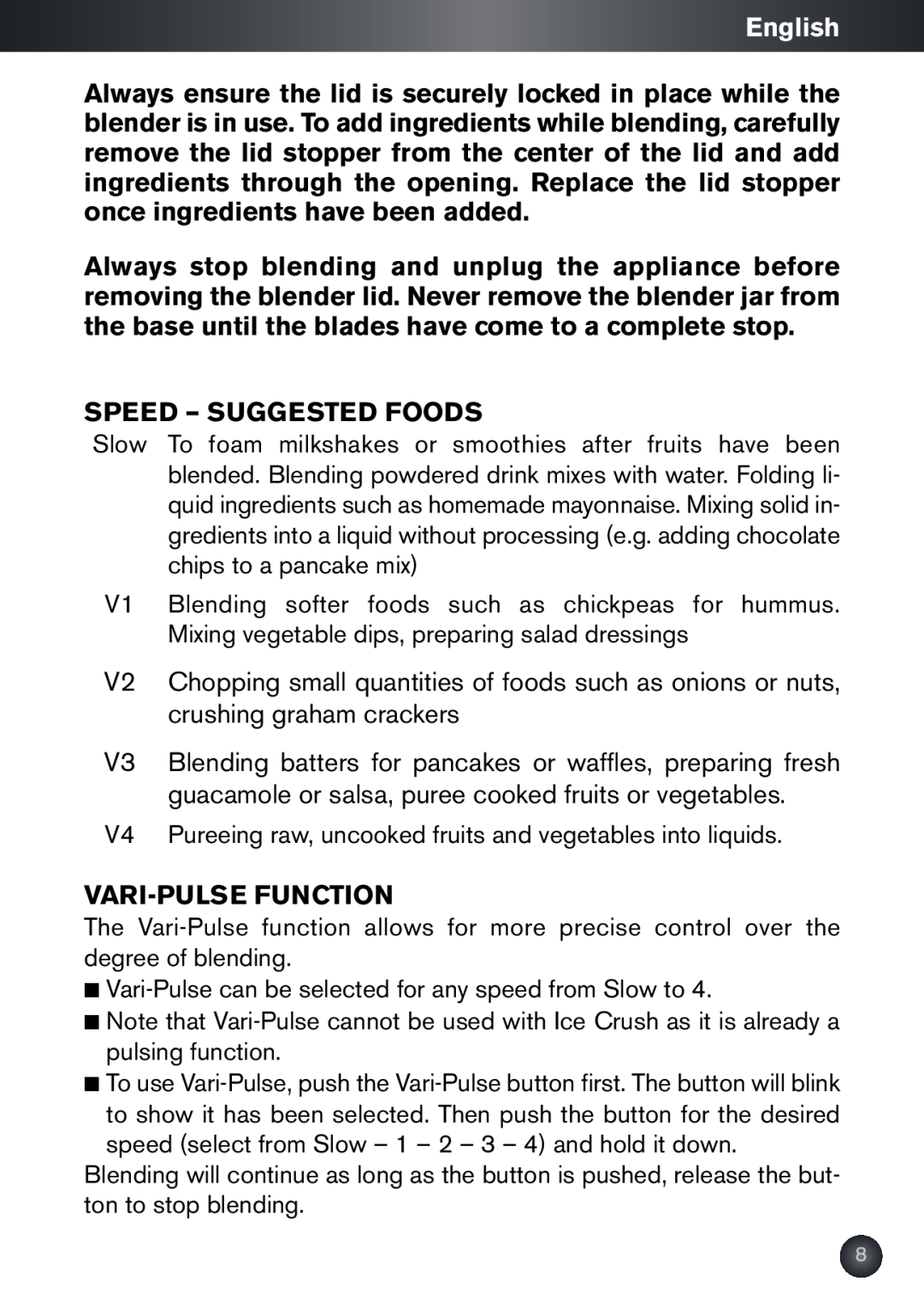 Krups KB790 manual English, Speed - Suggested Foods, Vari-Pulse Function 