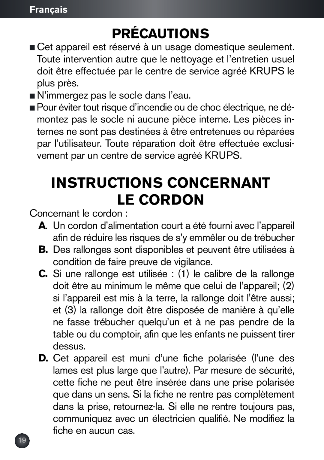 Krups KB790 manual Instructions Concernant Le Cordon, Précautions 