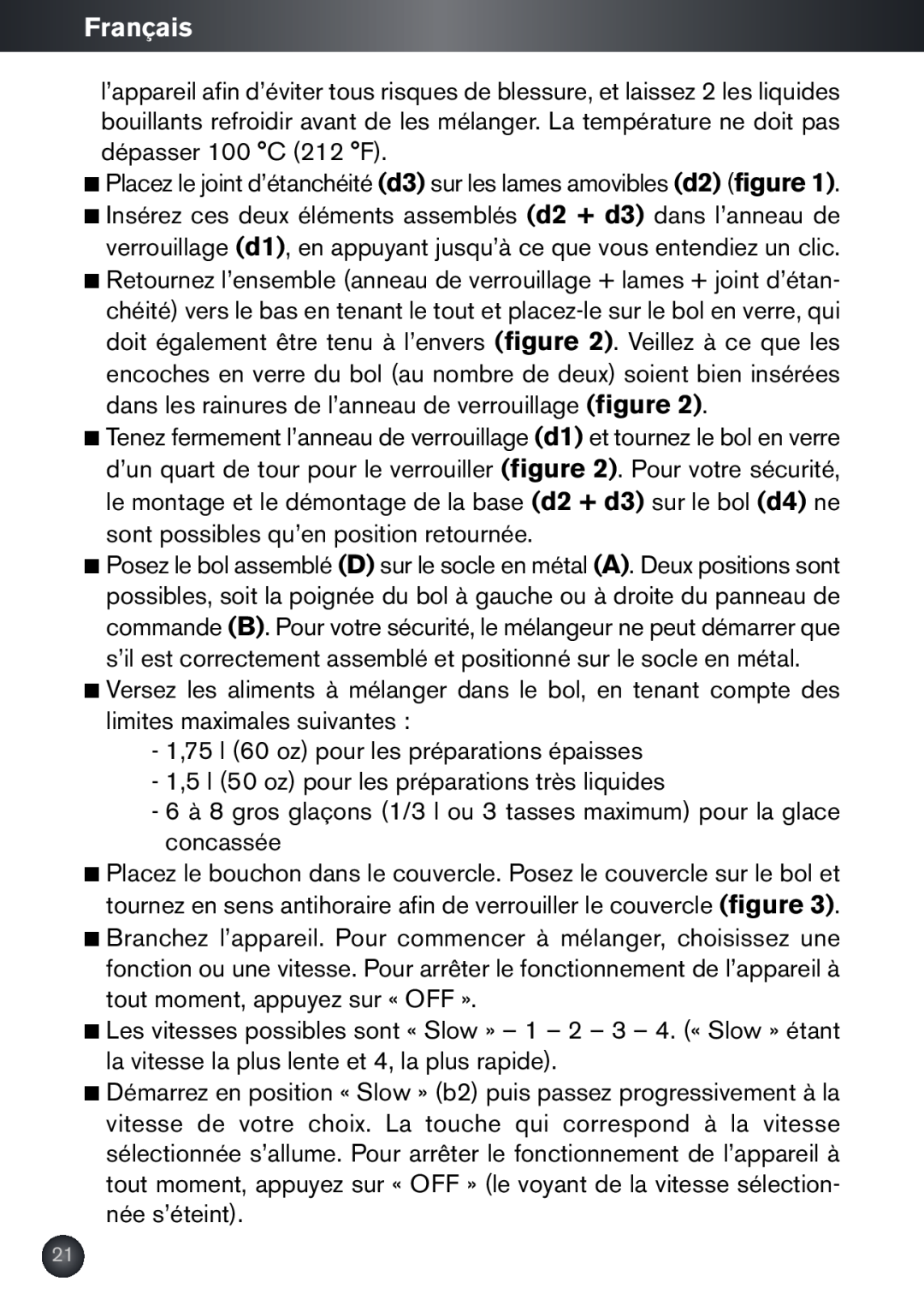 Krups KB790 manual Français, Placez le joint d’étanchéité d3 sur les lames amovibles d2 figure 