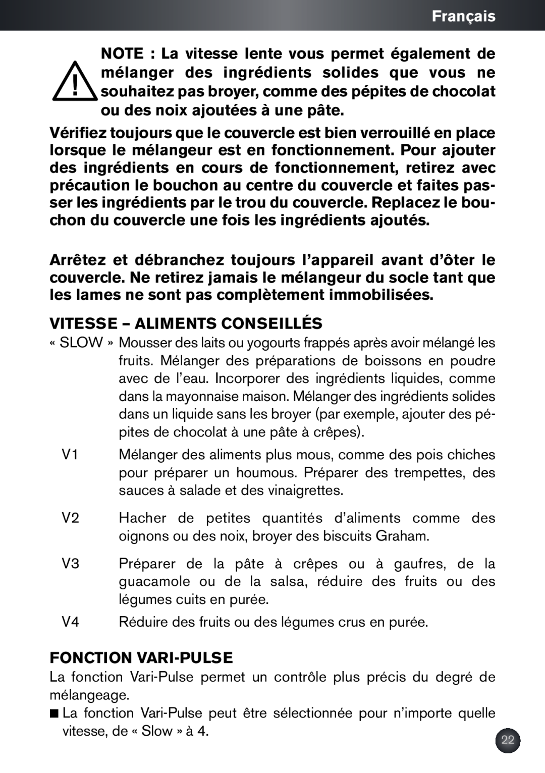 Krups KB790 manual Français, Vitesse - Aliments Conseillés, Fonction Vari-Pulse 