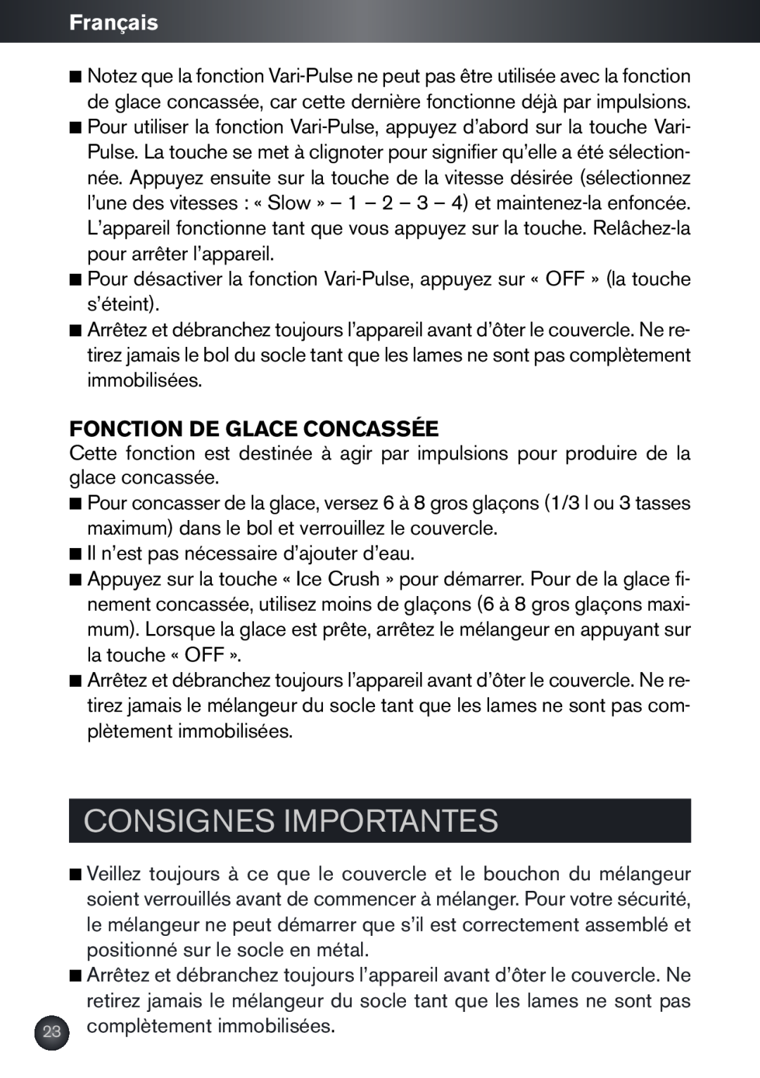 Krups KB790 manual Consignes Importantes, Français, Fonction De Glace Concassée 