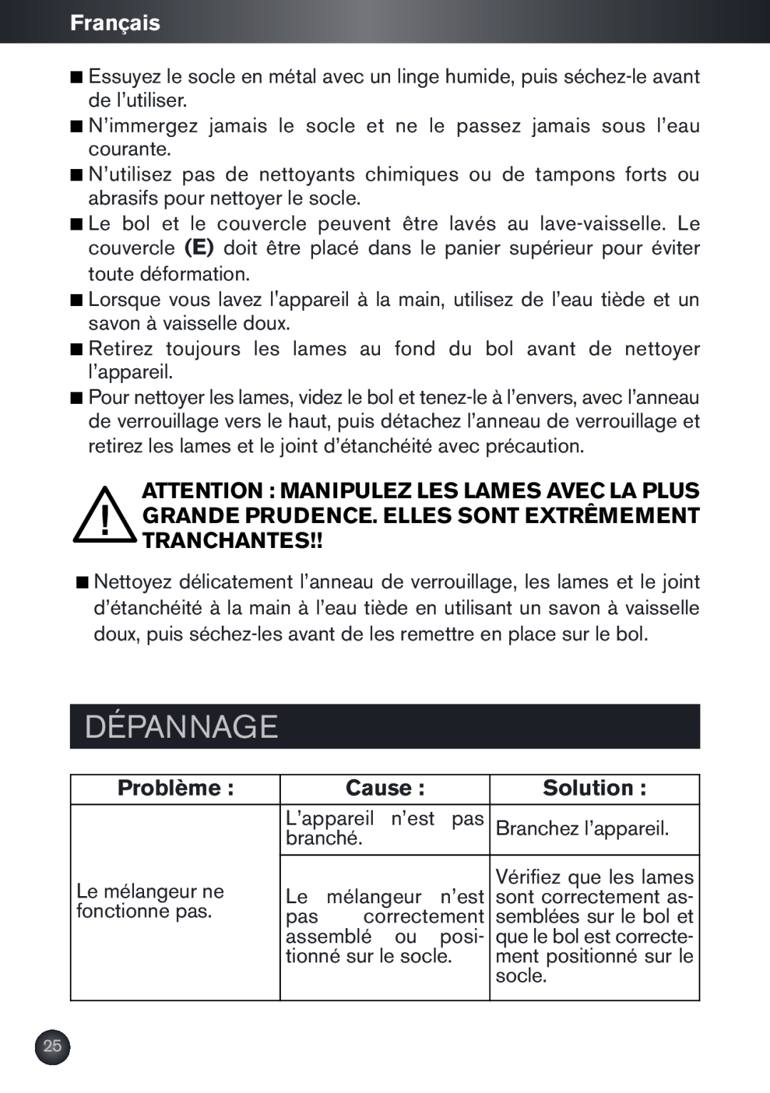 Krups KB790 manual Dépannage, Français, Problème, Cause, Solution 
