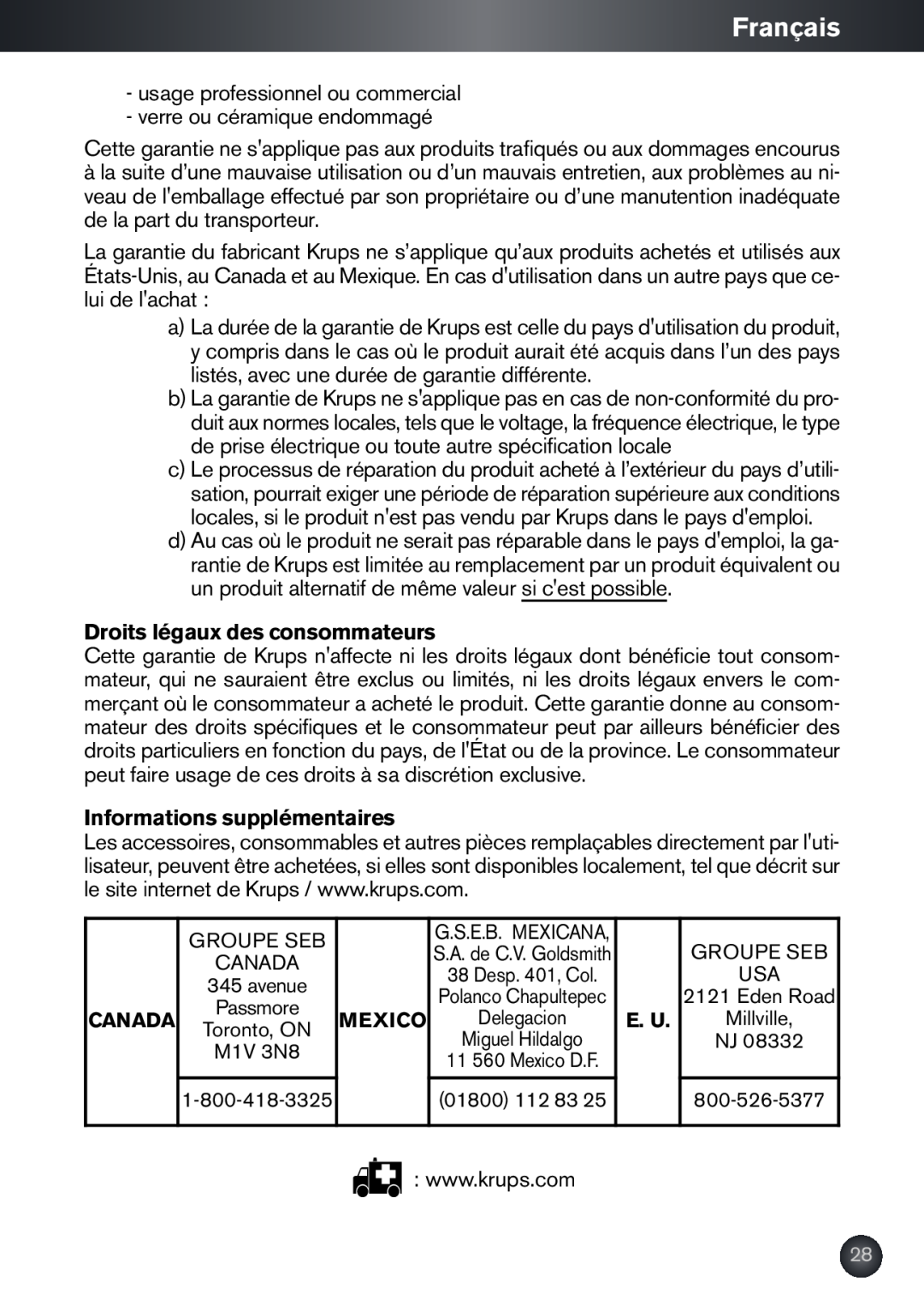 Krups KB790 manual Français, Droits légaux des consommateurs, Informations supplémentaires 