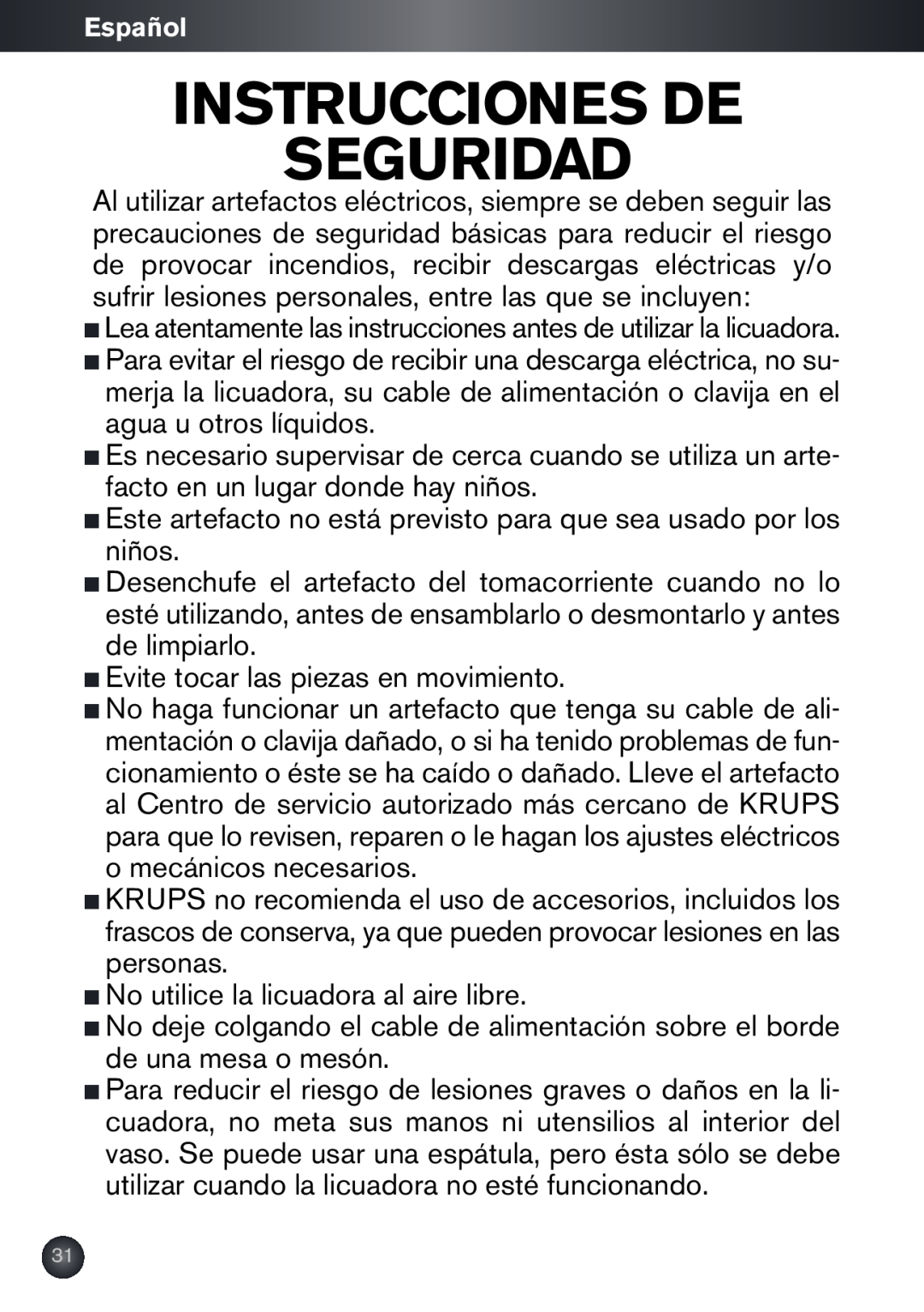 Krups KB790 manual Instrucciones De Seguridad 