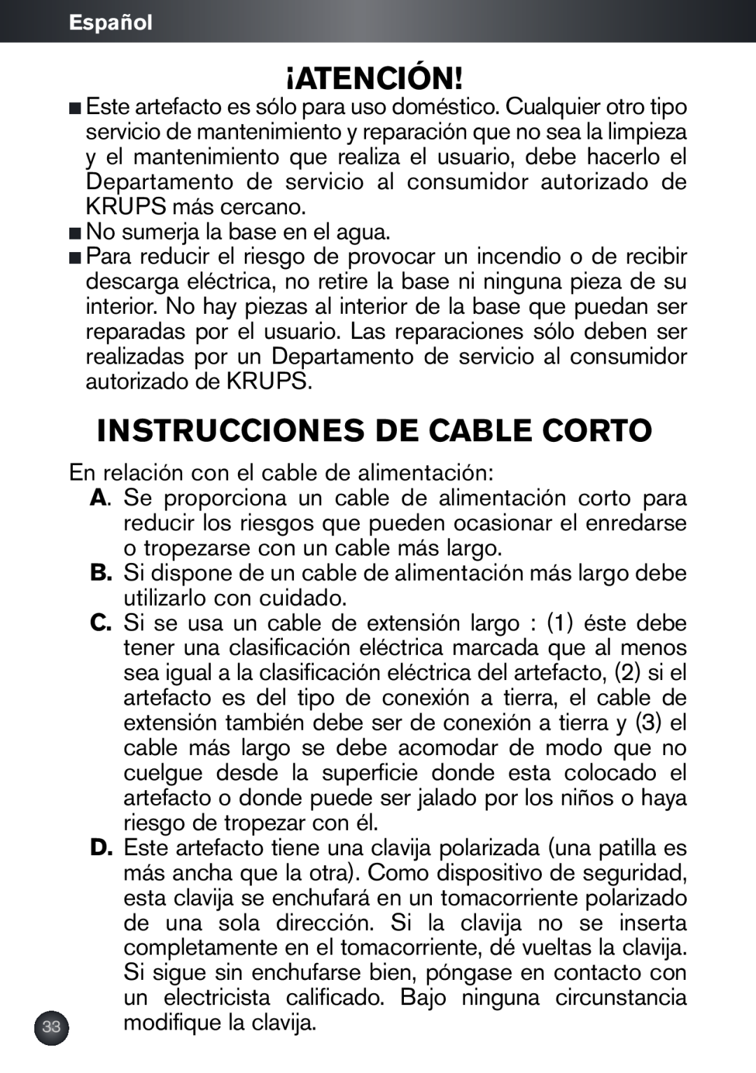 Krups KB790 manual ¡Atención, Instrucciones De Cable Corto 