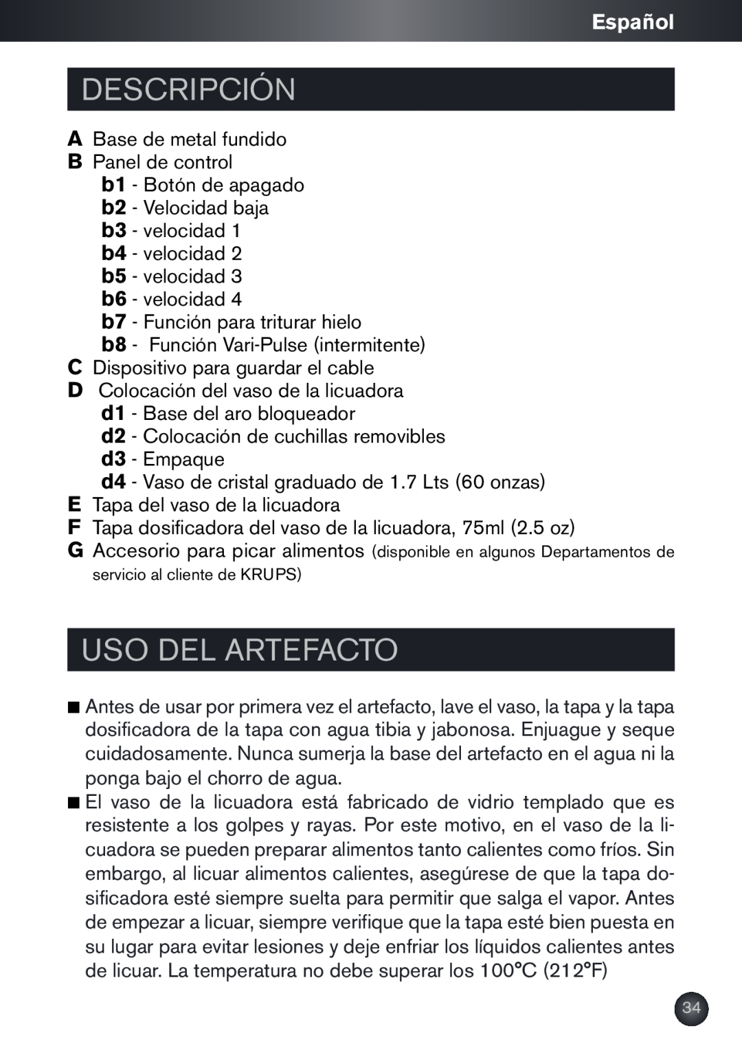 Krups KB790 manual Descripción, Uso Del Artefacto, Español 