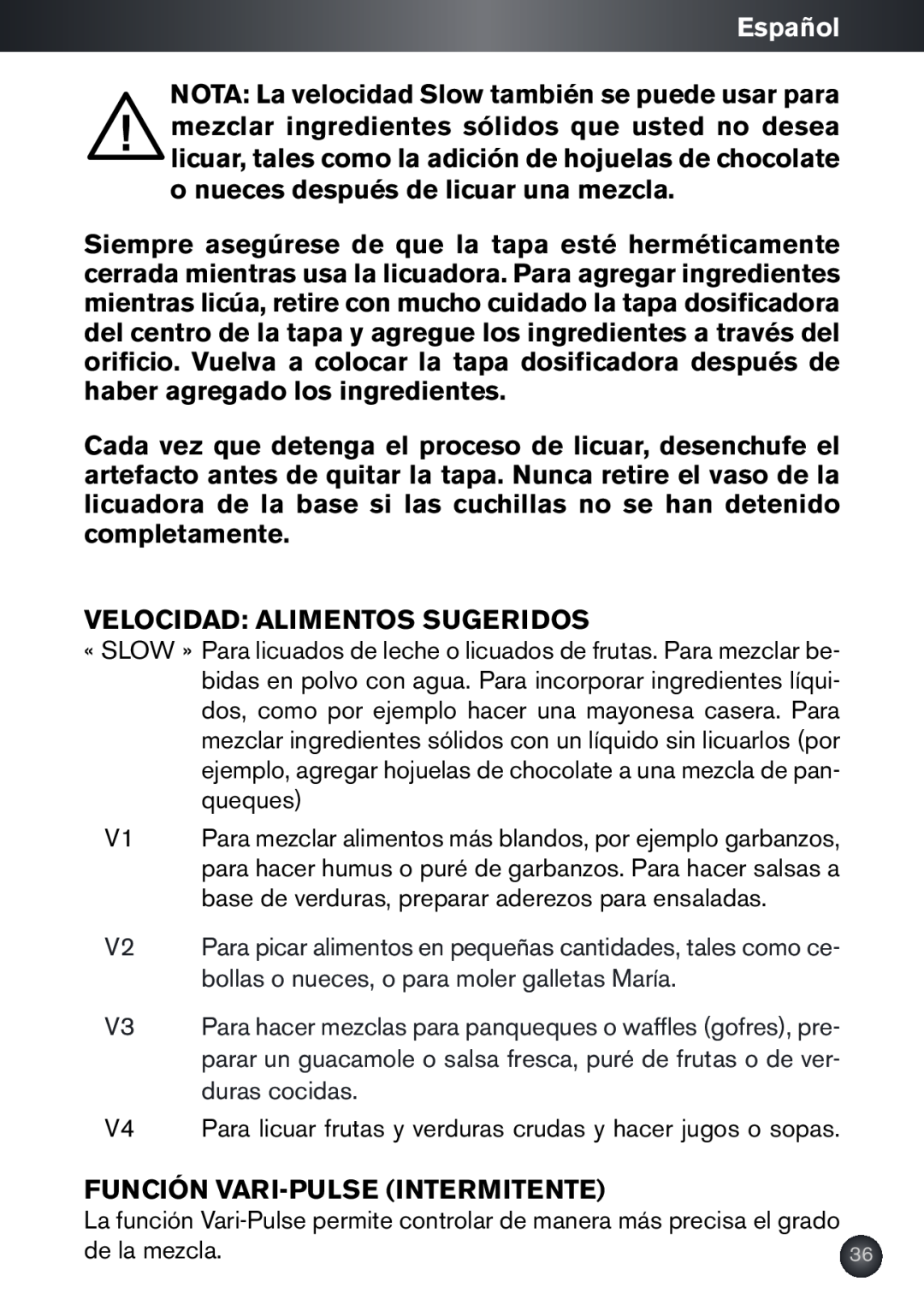 Krups KB790 manual Español, Velocidad Alimentos Sugeridos, Función Vari-Pulse Intermitente 