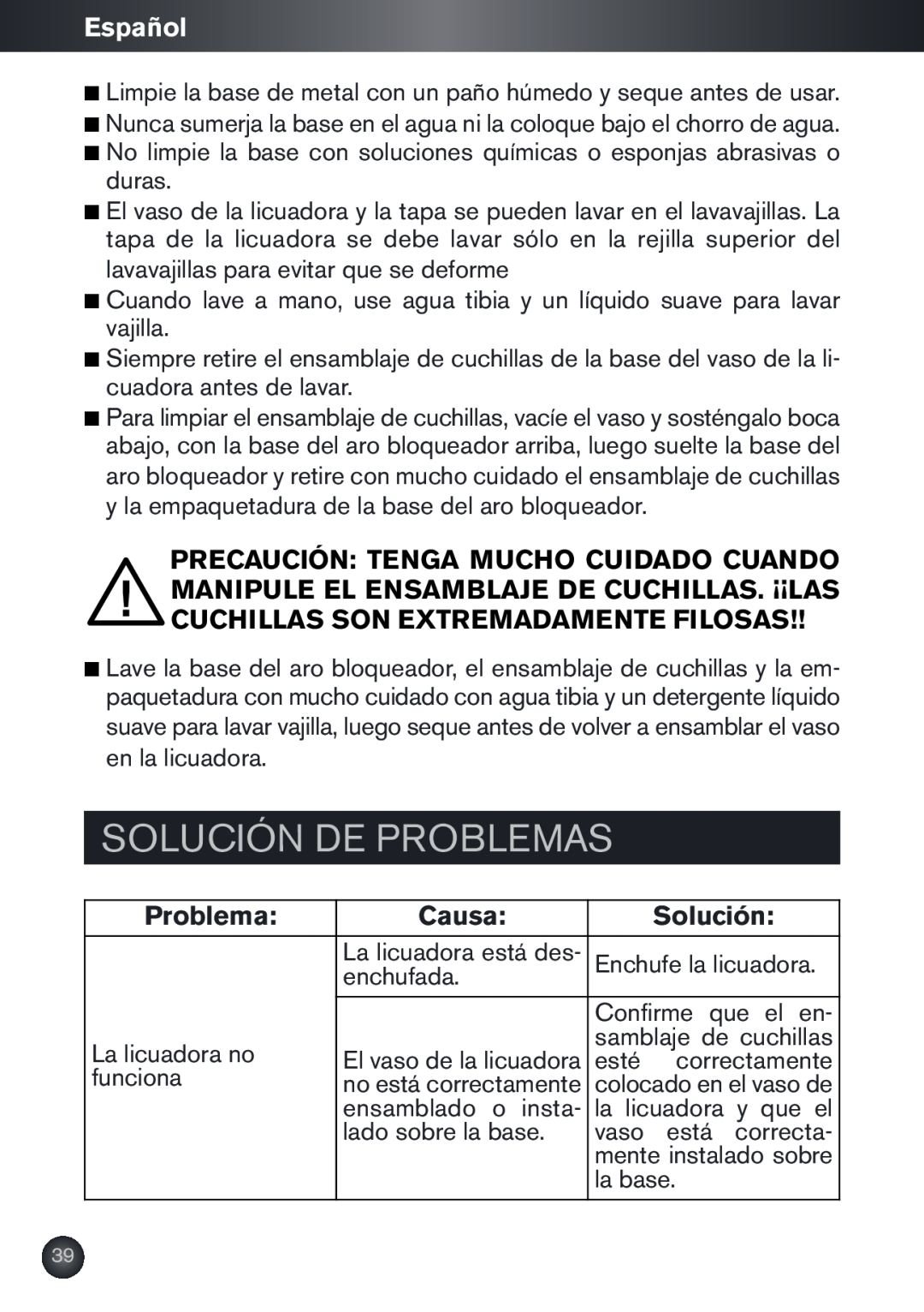 Krups KB790 manual Solución De Problemas, Español, Causa 