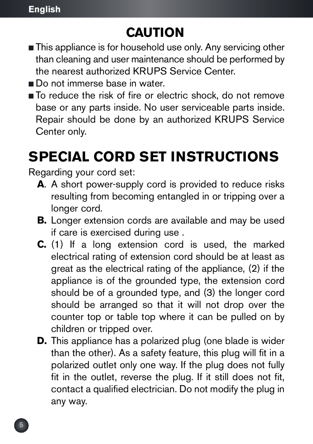 Krups KB790 manual Special Cord Set Instructions 