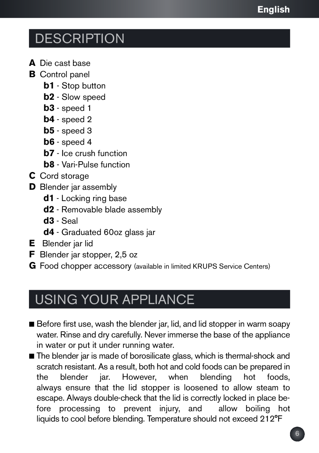 Krups KB790 manual Description, Using Your Appliance, English 