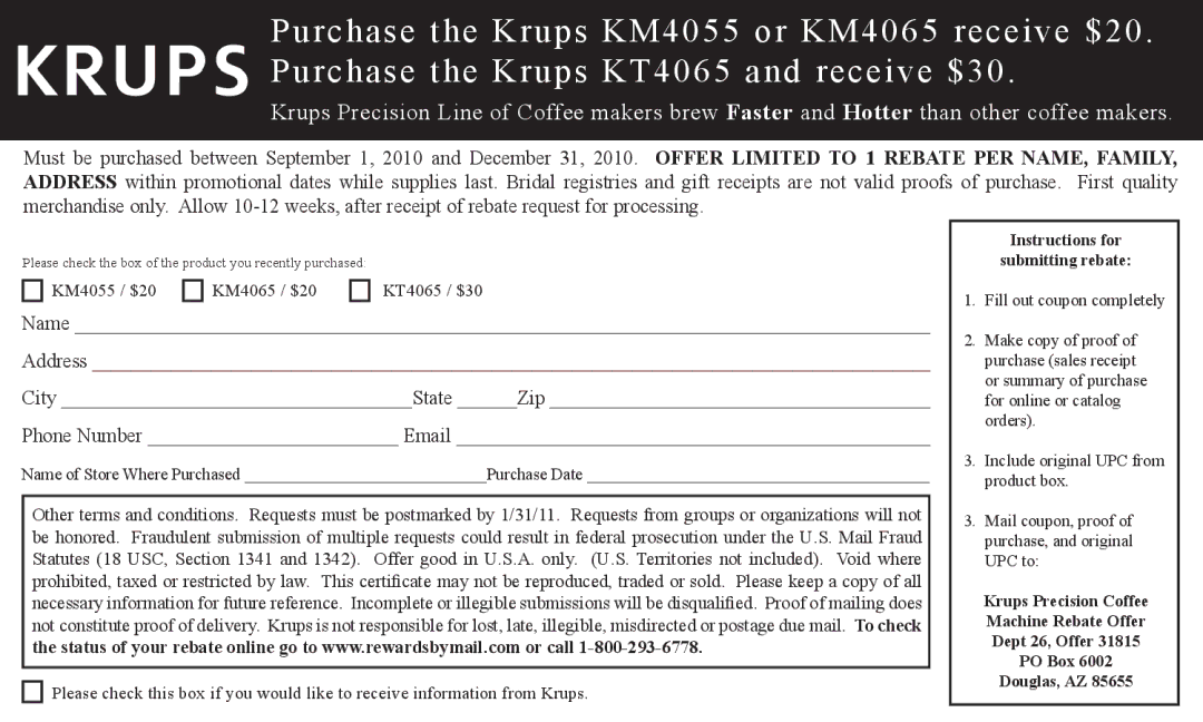 Krups KT4065, KM4055, KM4065 manual City State Zip, Instructions for, Douglas, AZ 