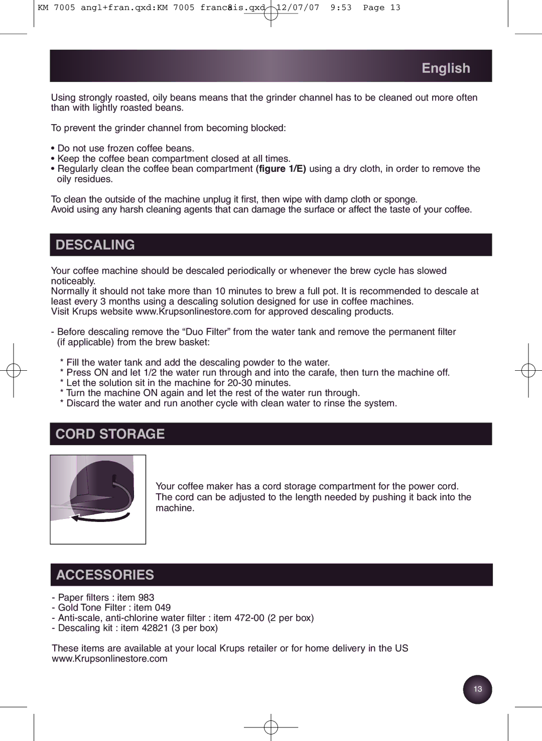 Krups KM7000 manual Descaling, Cord Storage, Accessories 