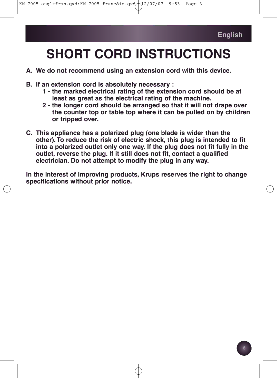 Krups KM7000 manual Short Cord Instructions 