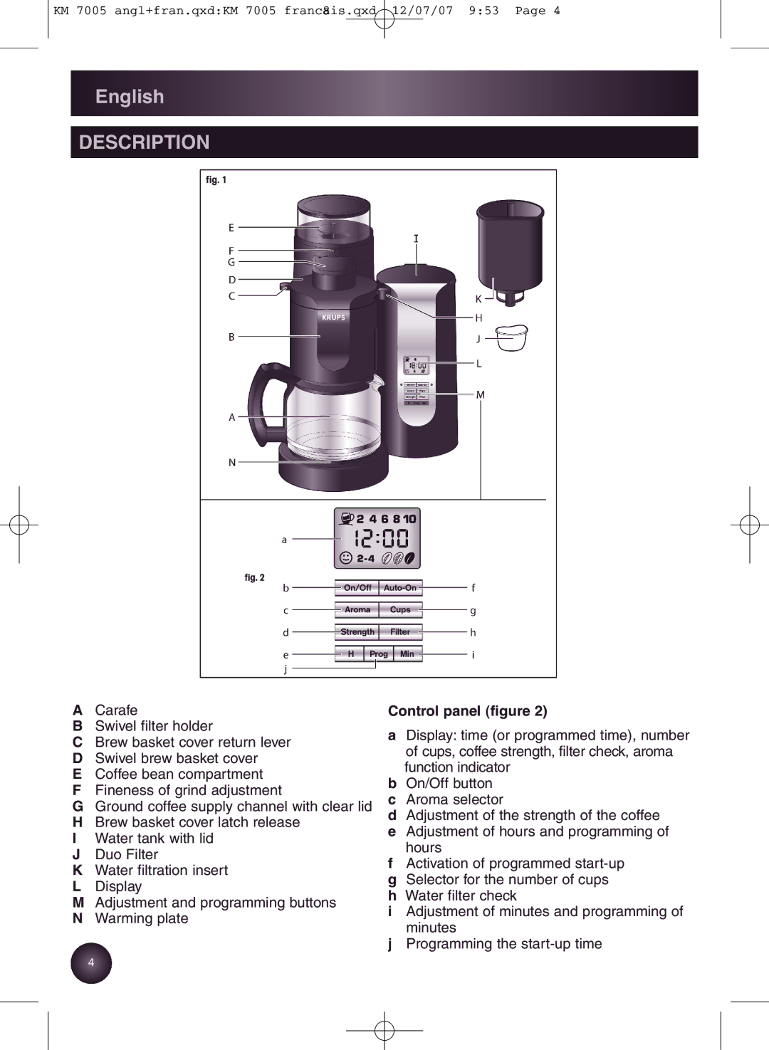 Krups KM7000 manual Description, Control panel figure 