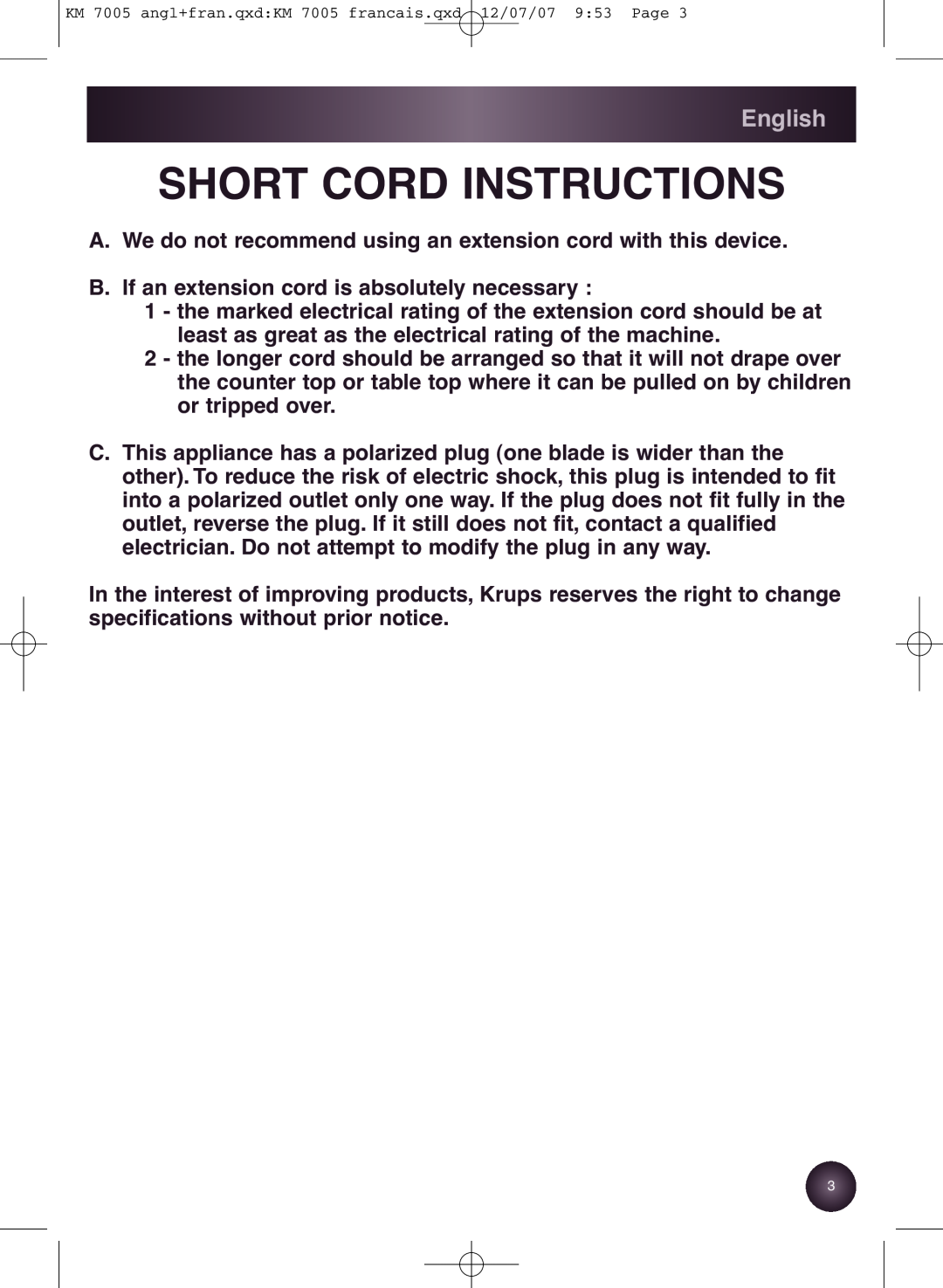 Krups KM7000 manual Short Cord Instructions, English 