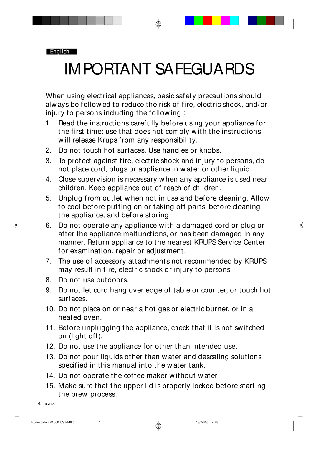 Krups KP1000 manual Important Safeguards 