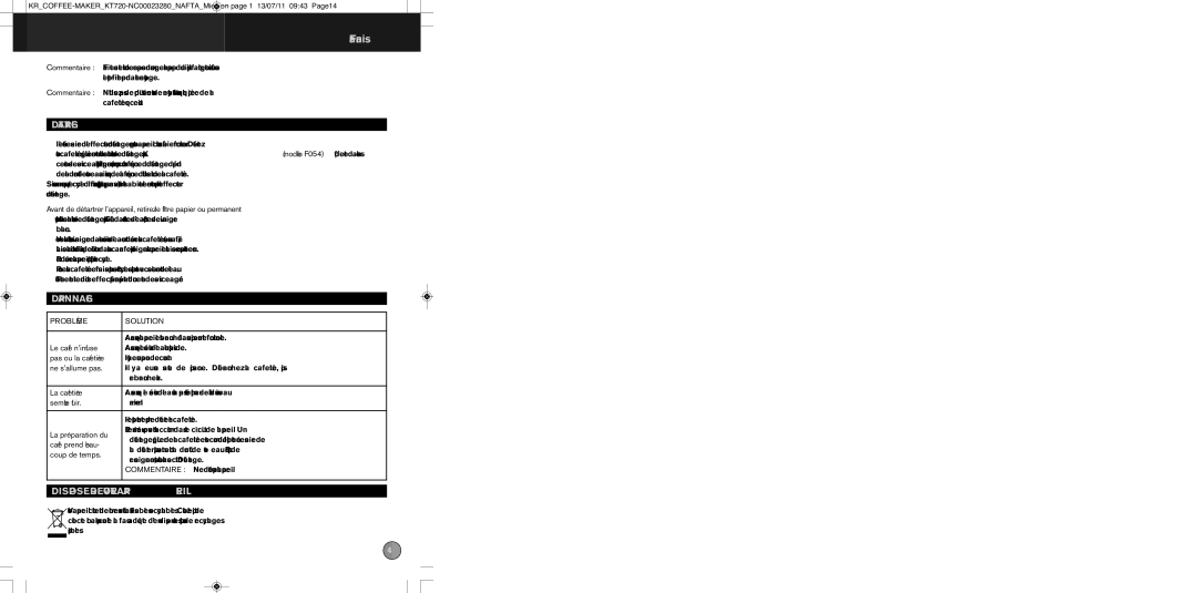 Krups NC00023280 manual Détartrage, Dépannage, Disposer DE Votre Appareil, Problème Solution 