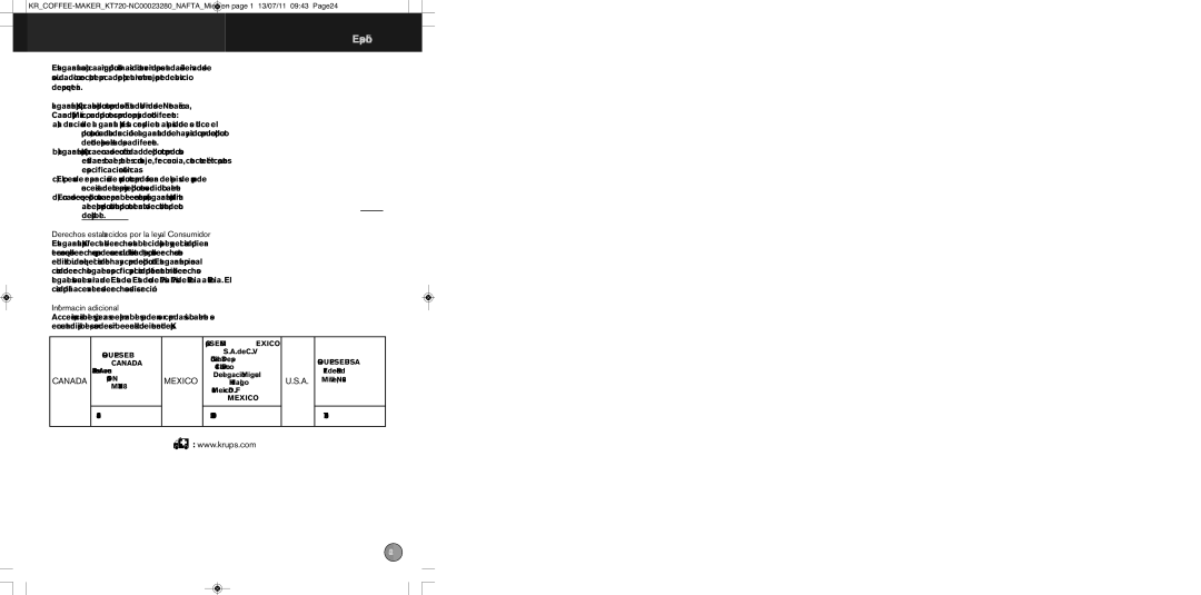 Krups NC00023280 manual Derechos establecidos por la ley al Consumidor, Informaciòn adicional 