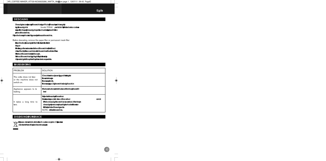 Krups NC00023280 manual Descaling, Troubleshooting, Disposing of Your Appliance, Problem Solution 