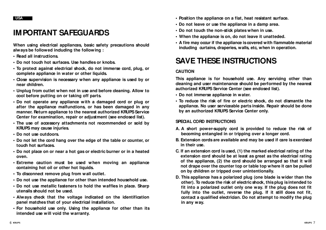 Krups Waffle Iron manual Important Safeguards 