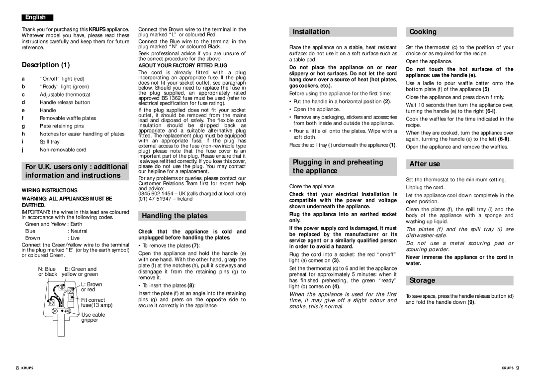 Krups Waffle Iron manual About Your Factory Fitted Plug, Wiring Instructions 