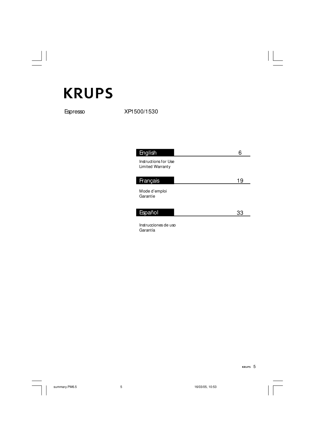 Krups XP1500, XP1530 manual English 