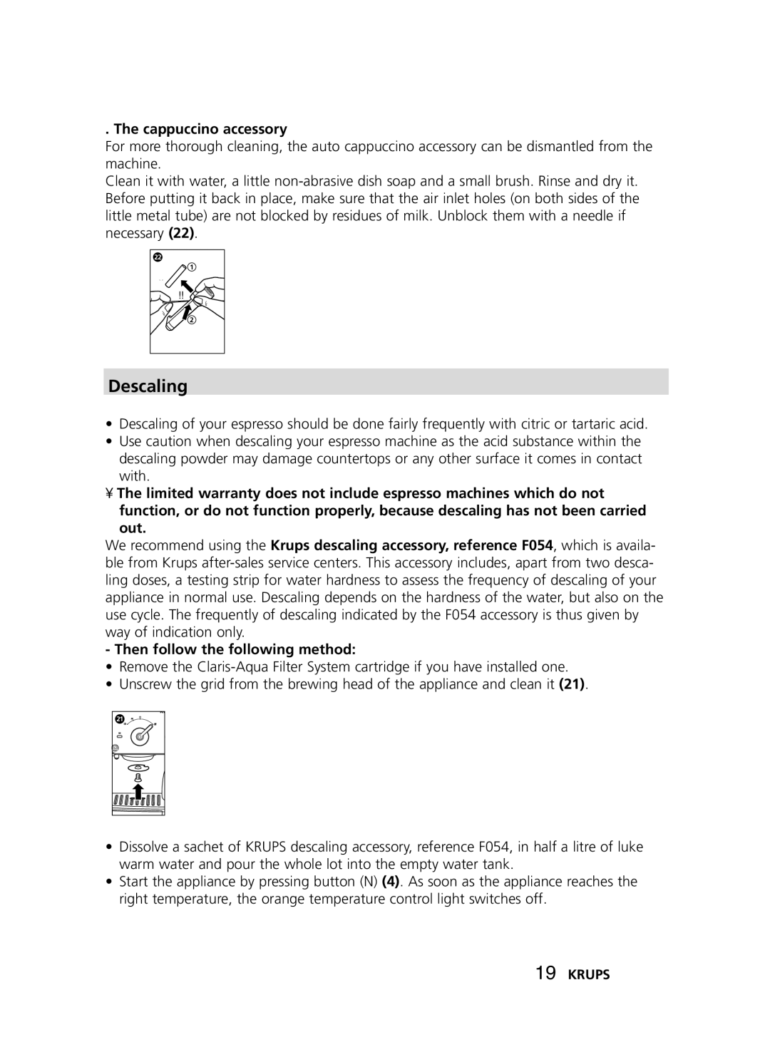 Krups XP2000, XP2010 manual Descaling, Cappuccino accessory 