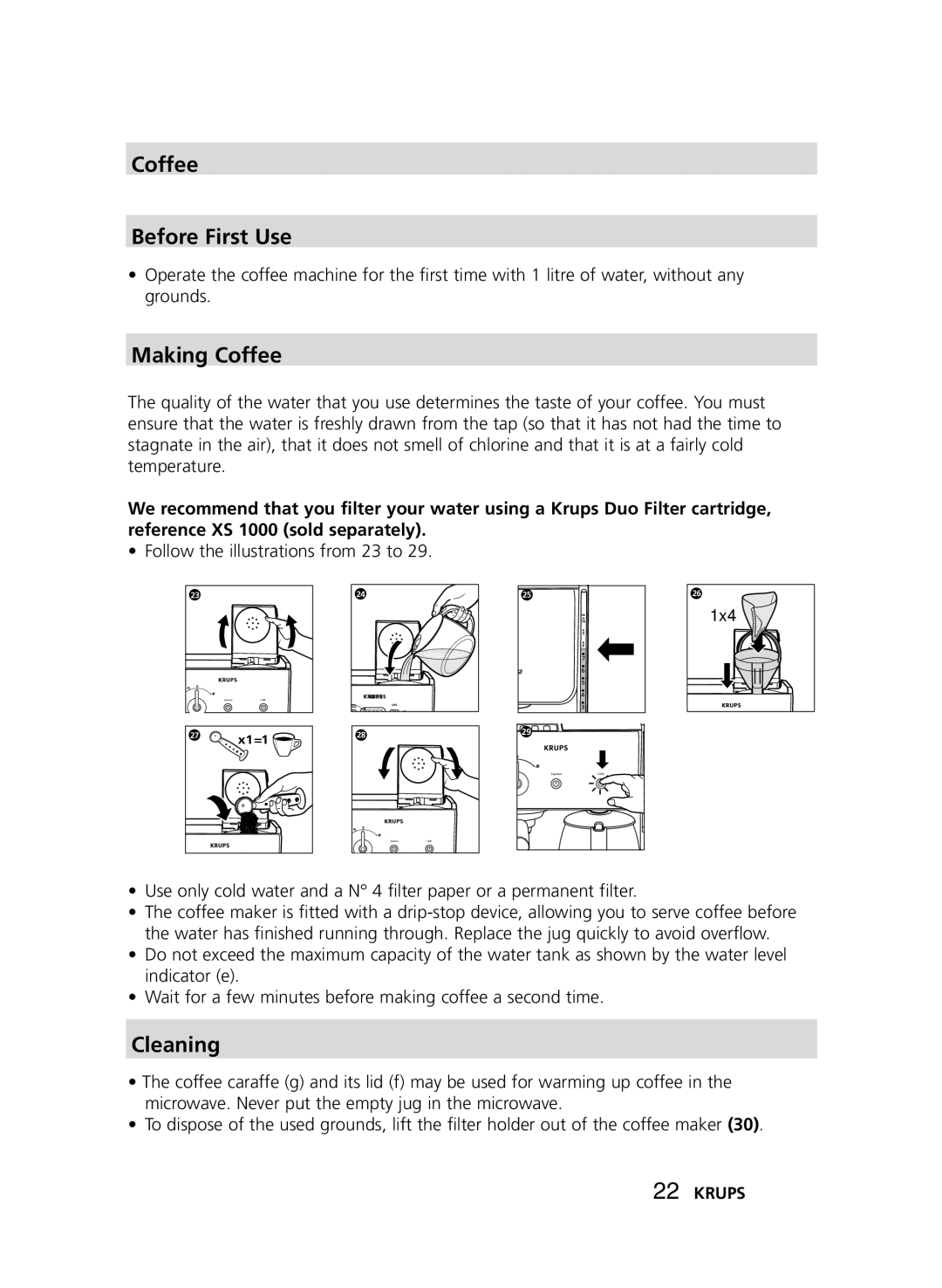 Krups XP2010, XP2000 manual Coffee Before First Use, Making Coffee, Cleaning 