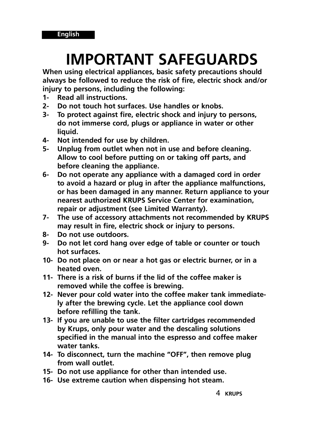 Krups XP2010, XP2000 manual Important Safeguards 