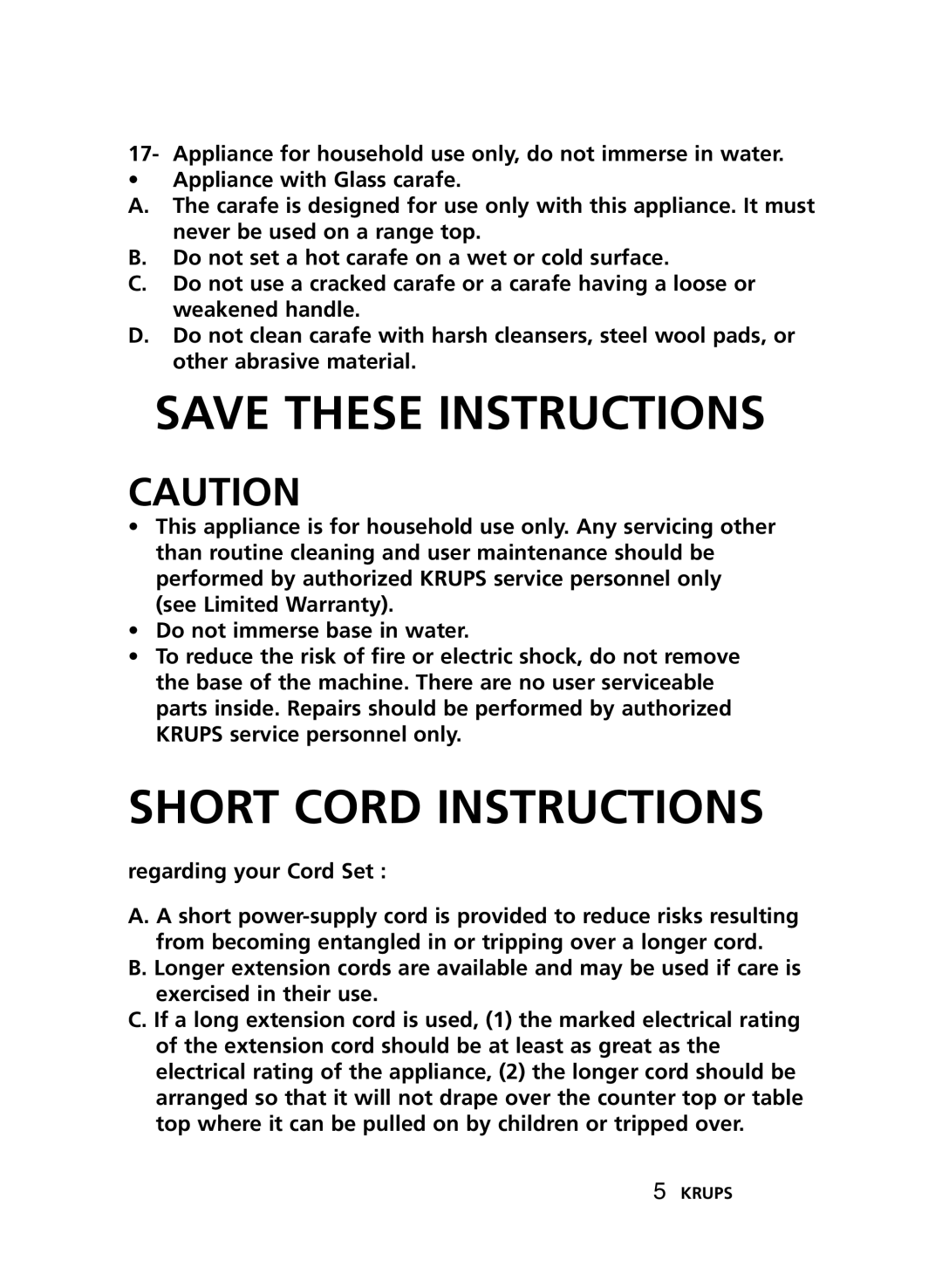 Krups XP2000, XP2010 manual Short Cord Instructions, Regarding your Cord Set 