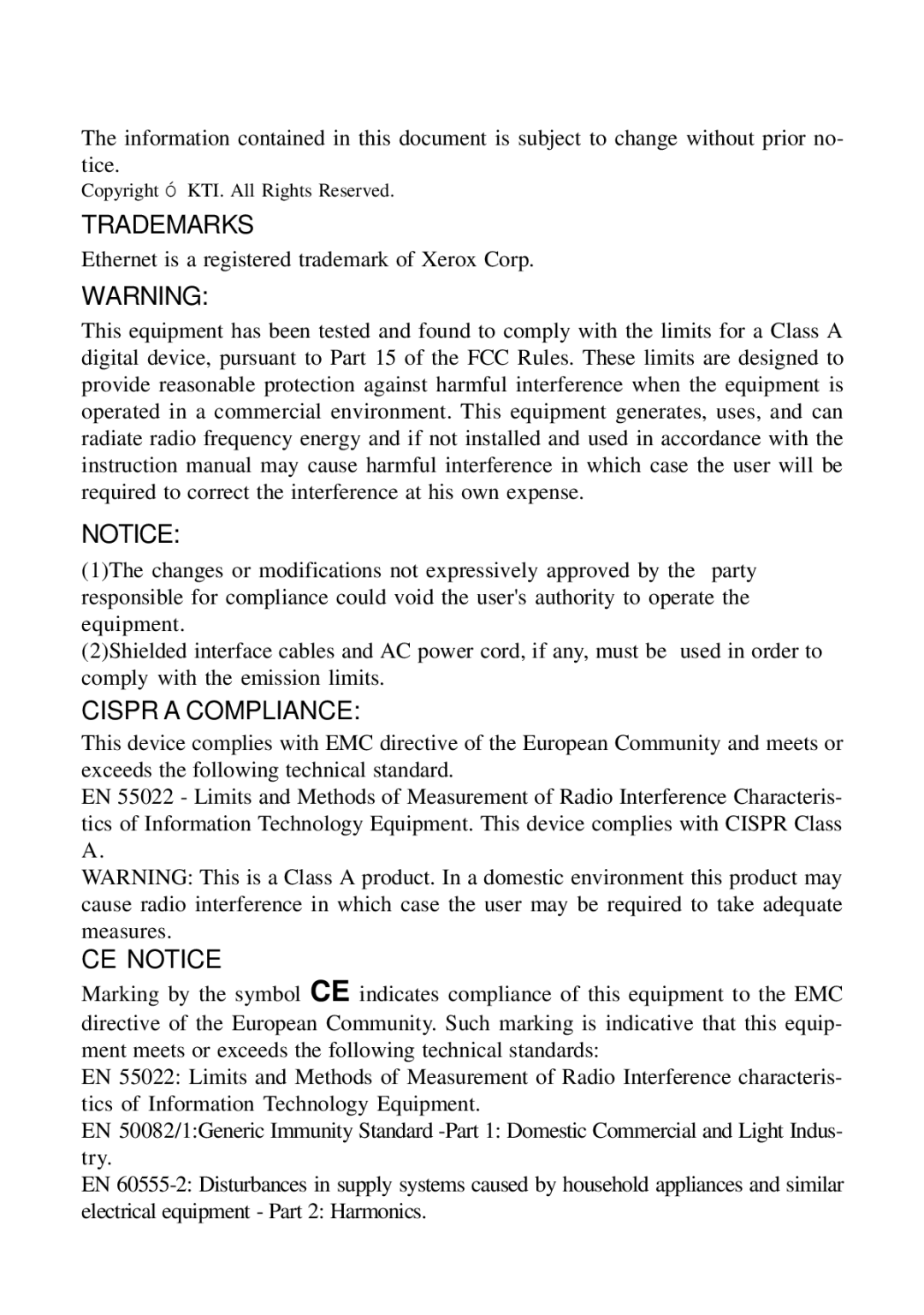 KTI Networks 10BASE-T manual Trademarks 