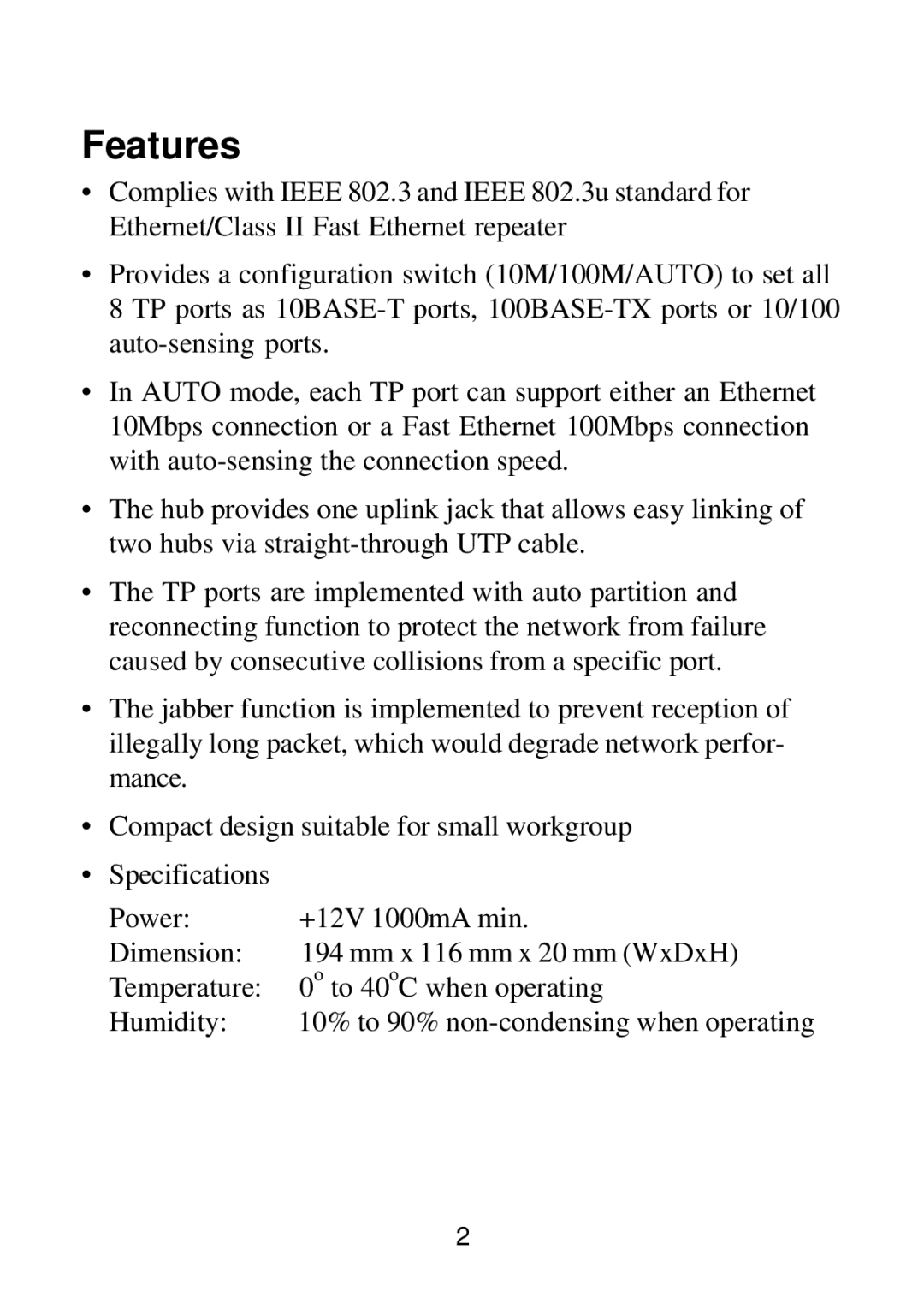 KTI Networks 10BASE-T manual Features 