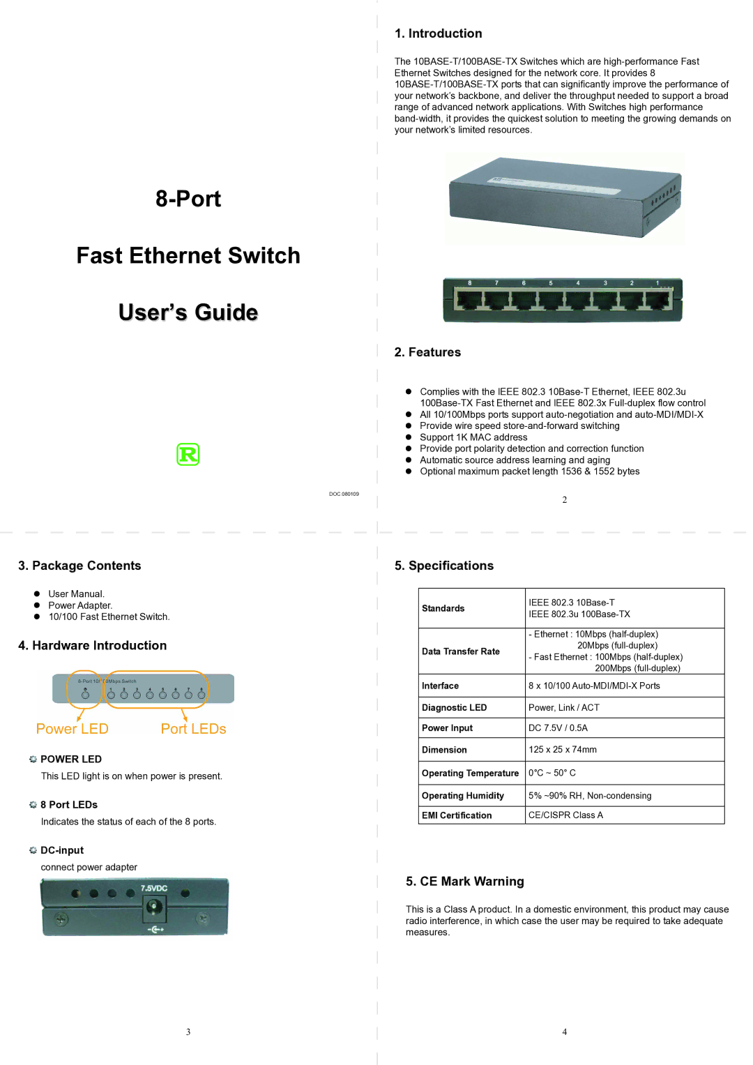 KTI Networks 10BASE-T/100BASE-TX user manual Port Fast Ethernet Switch User’s Guide 