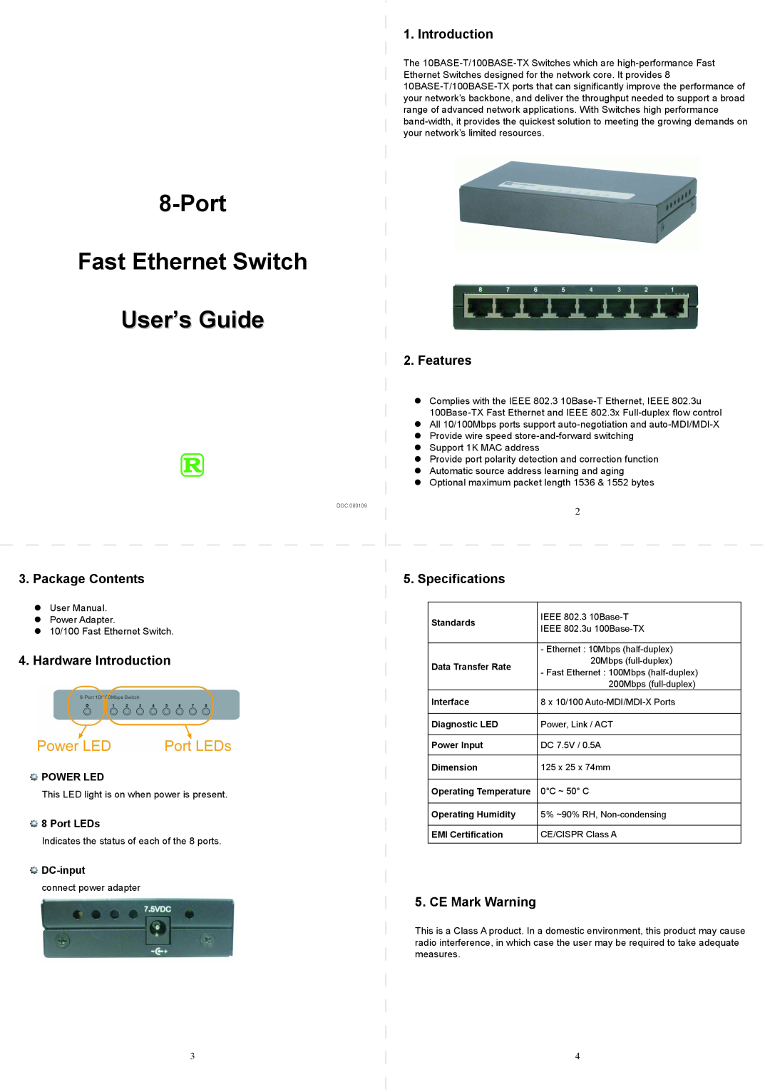 KTI Networks 10BASE-T/100BASE-TX user manual Port Fast Ethernet Switch User’s Guide, Introduction, Features, Power Led 