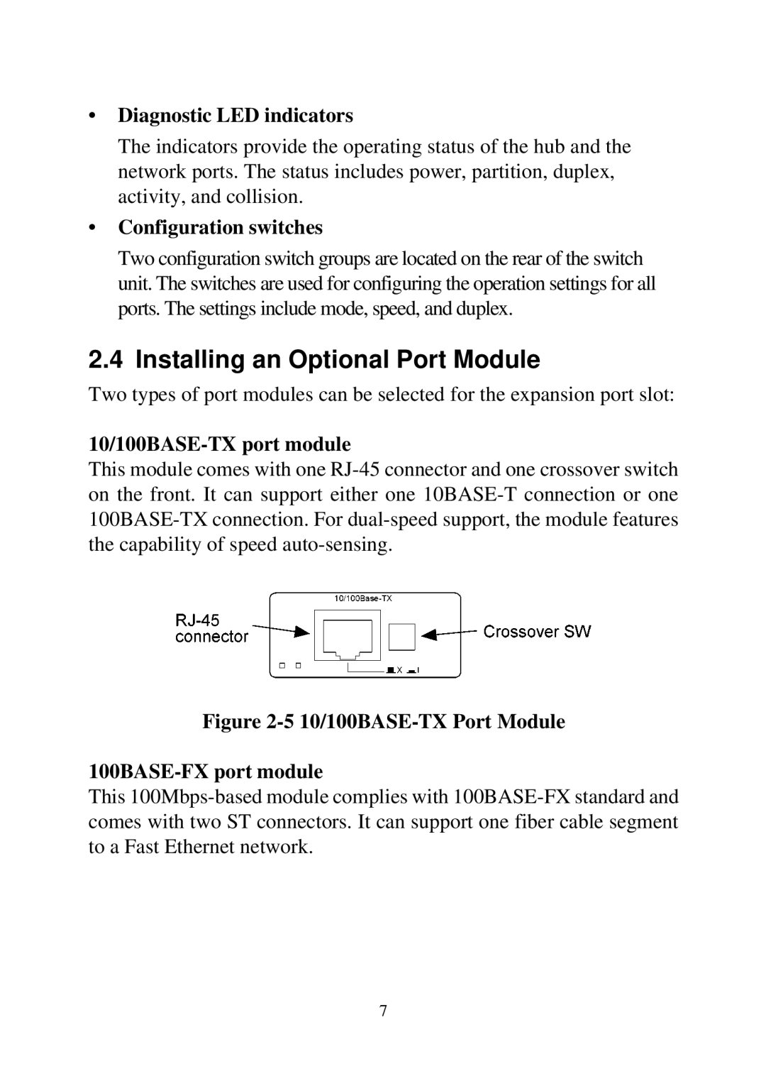 KTI Networks 2028 manual Installing an Optional Port Module, Diagnostic LED indicators, Configuration switches 