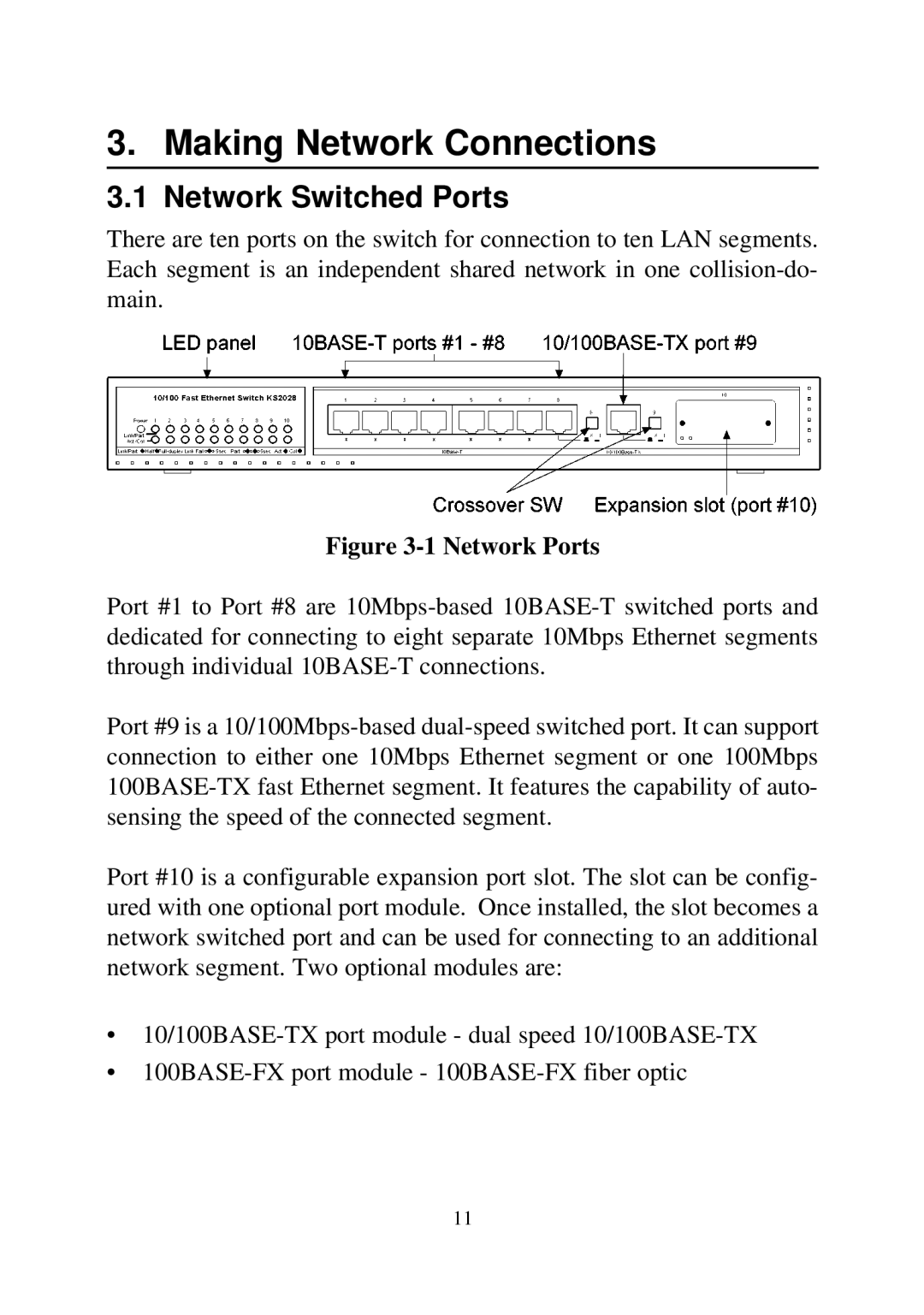 KTI Networks 2028 manual Making Network Connections, Network Switched Ports 