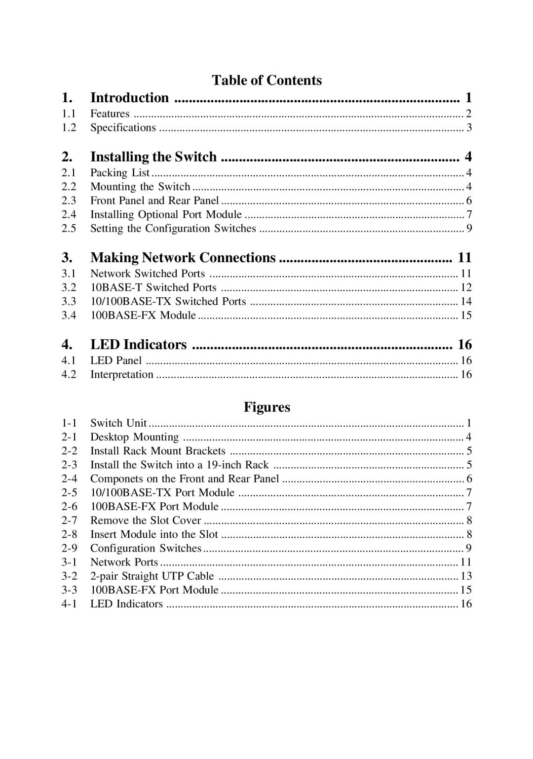 KTI Networks 2028 manual Table of Contents Introduction, Installing the Switch, Making Network Connections, LED Indicators 