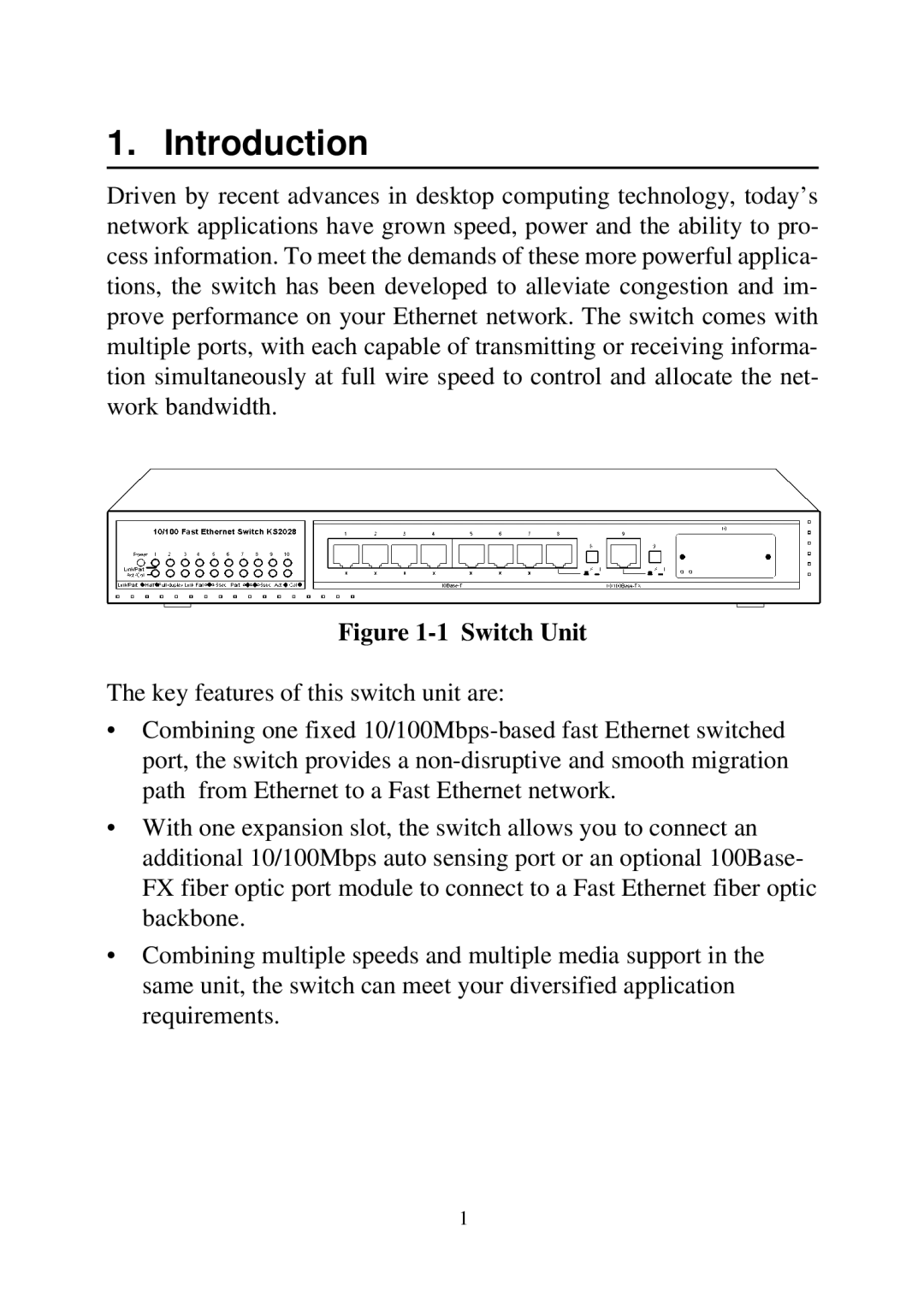 KTI Networks 2028 manual Introduction, Switch Unit 