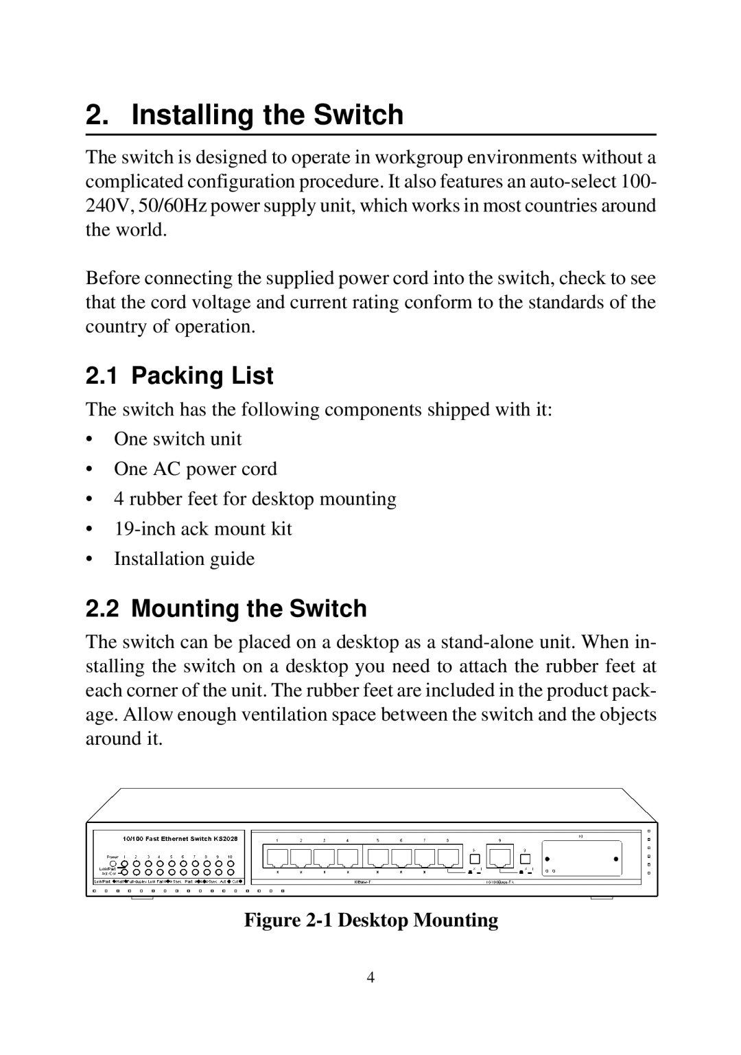 KTI Networks 2028 manual Installing the Switch, Packing List, Mounting the Switch 