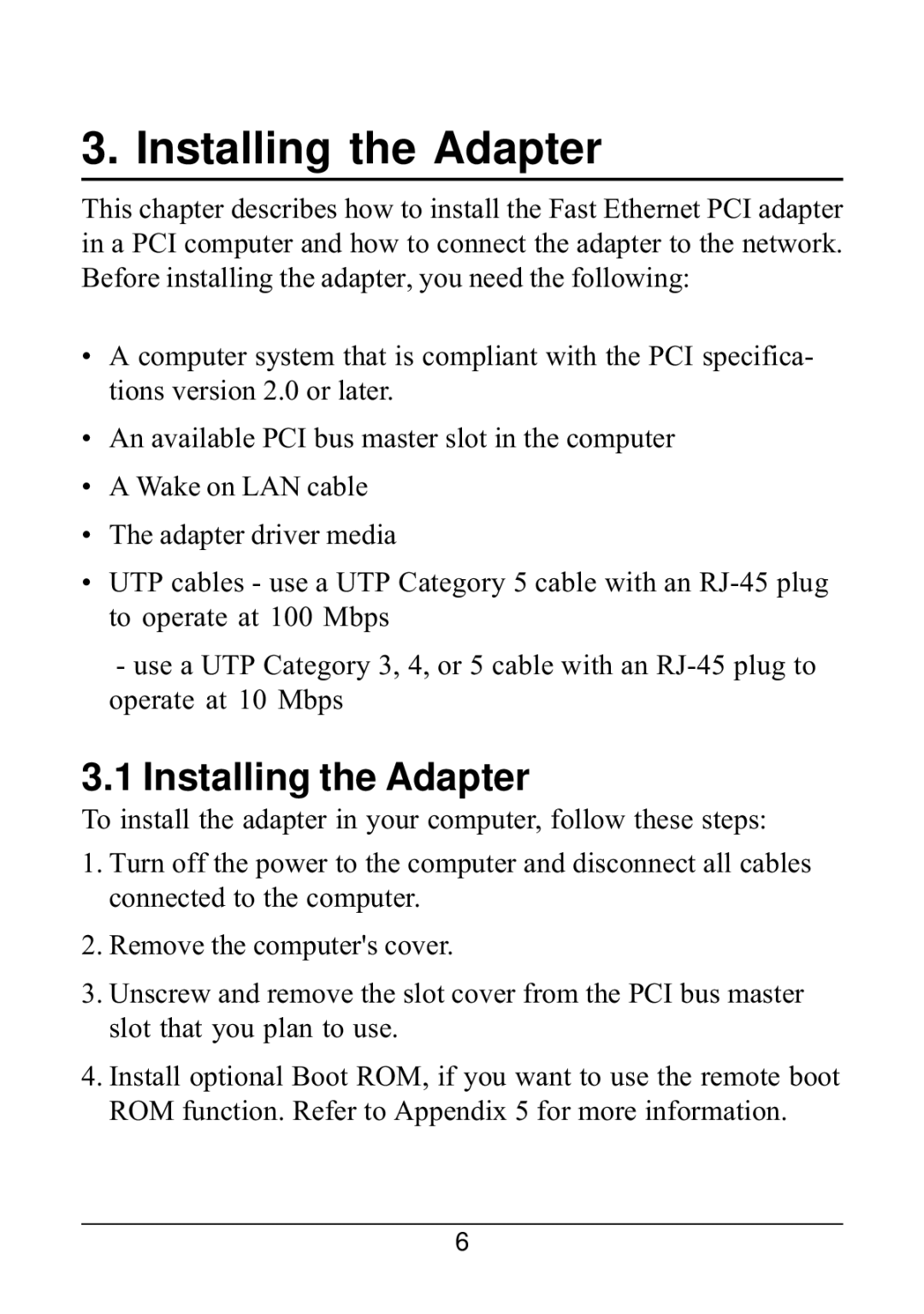 KTI Networks 221TX/3 manual Installing the Adapter 