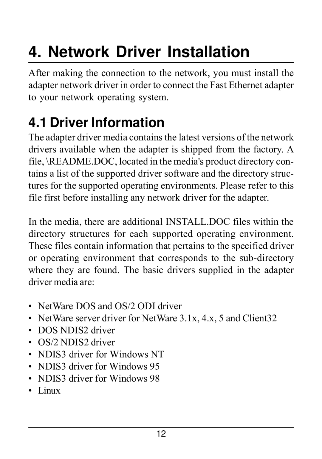 KTI Networks 221TX/3 manual Network Driver Installation, Driver Information 