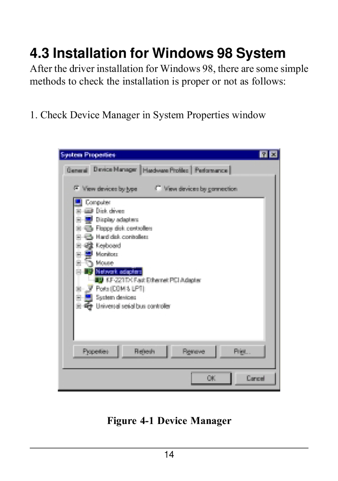 KTI Networks 221TX/3 manual Installation for Windows 98 System, Check Device Manager in System Properties window 