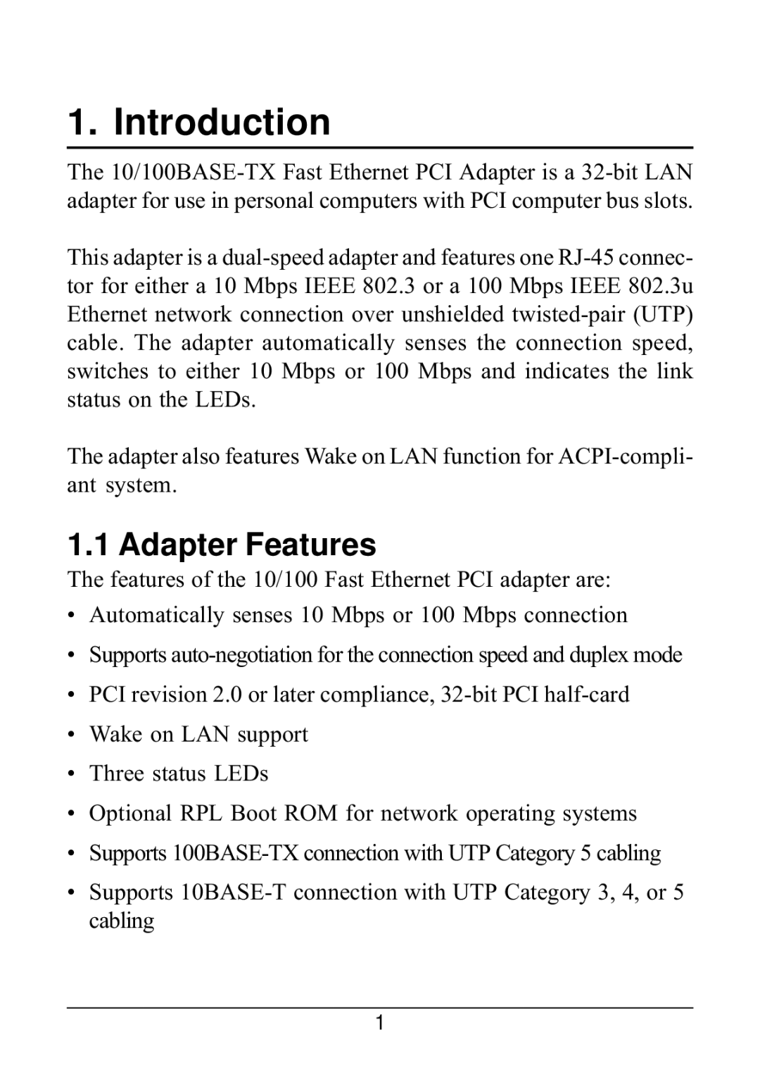 KTI Networks 221TX/3 manual Introduction, Adapter Features 